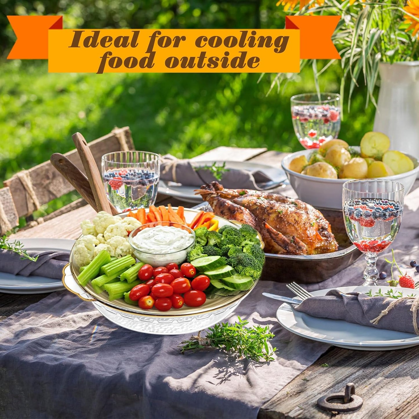 Baderke 1 Set 11.8" Chilled Serving Tray for Parties with Compartments Ice Chilled Party Platter Charcuterie Serving Board Cold Dish Dip for Fruit Seafood Vegetable Shrimp Cocktail (Gold)