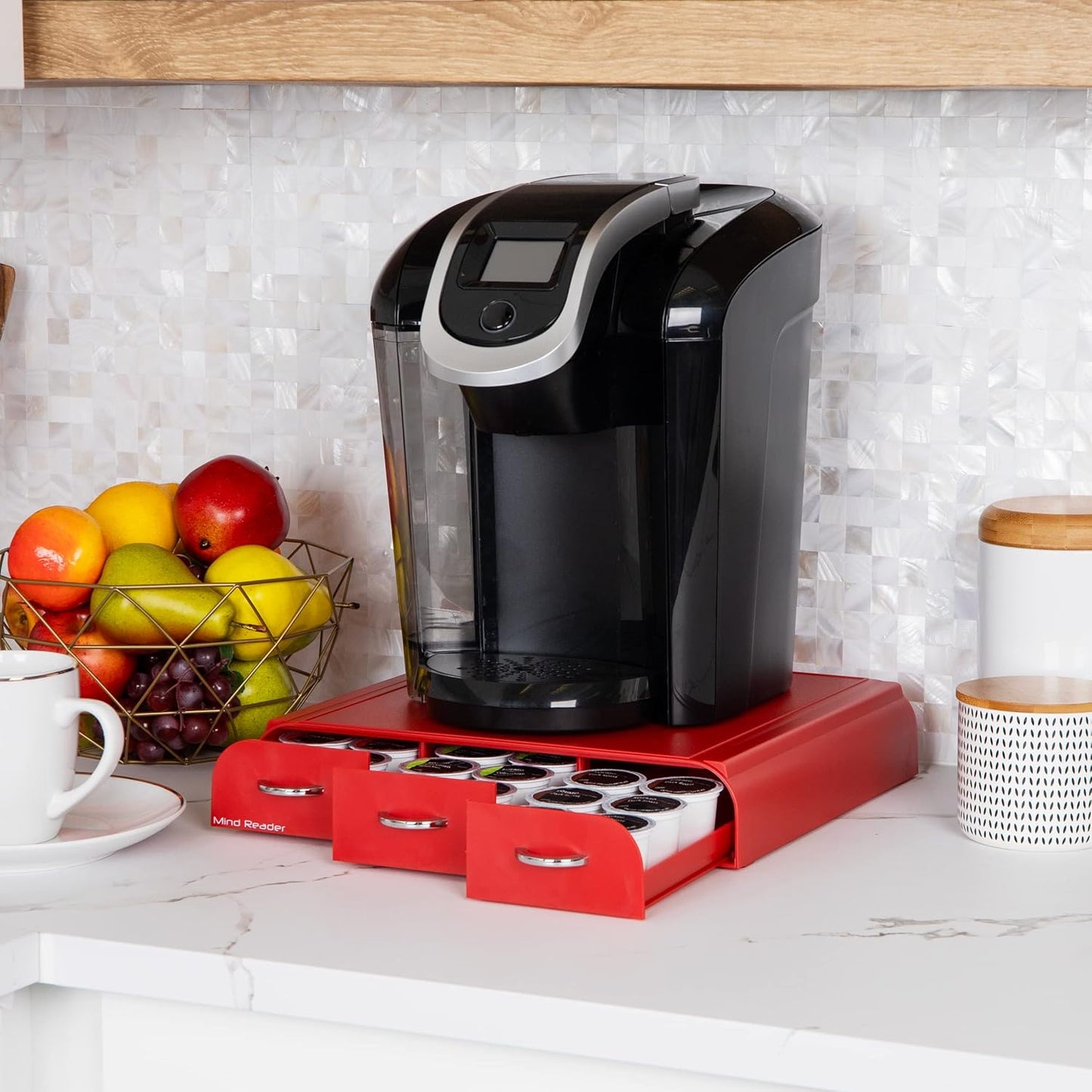 Mind Reader Single Serve Coffee Pod Organizer with 3 Drawers, 36 Pod Capacity, Countertop, 13.5"L x 12.25"W x 2.5"H, Red