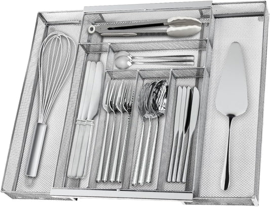 Silverware Organizer Metal Mesh, Large Drawer Organizer, Utensil Cutlery Tray for kitchen drawers, Expandable Flatware Organizer with 8 Compartment Silver 11.6"~20" x 17.3"