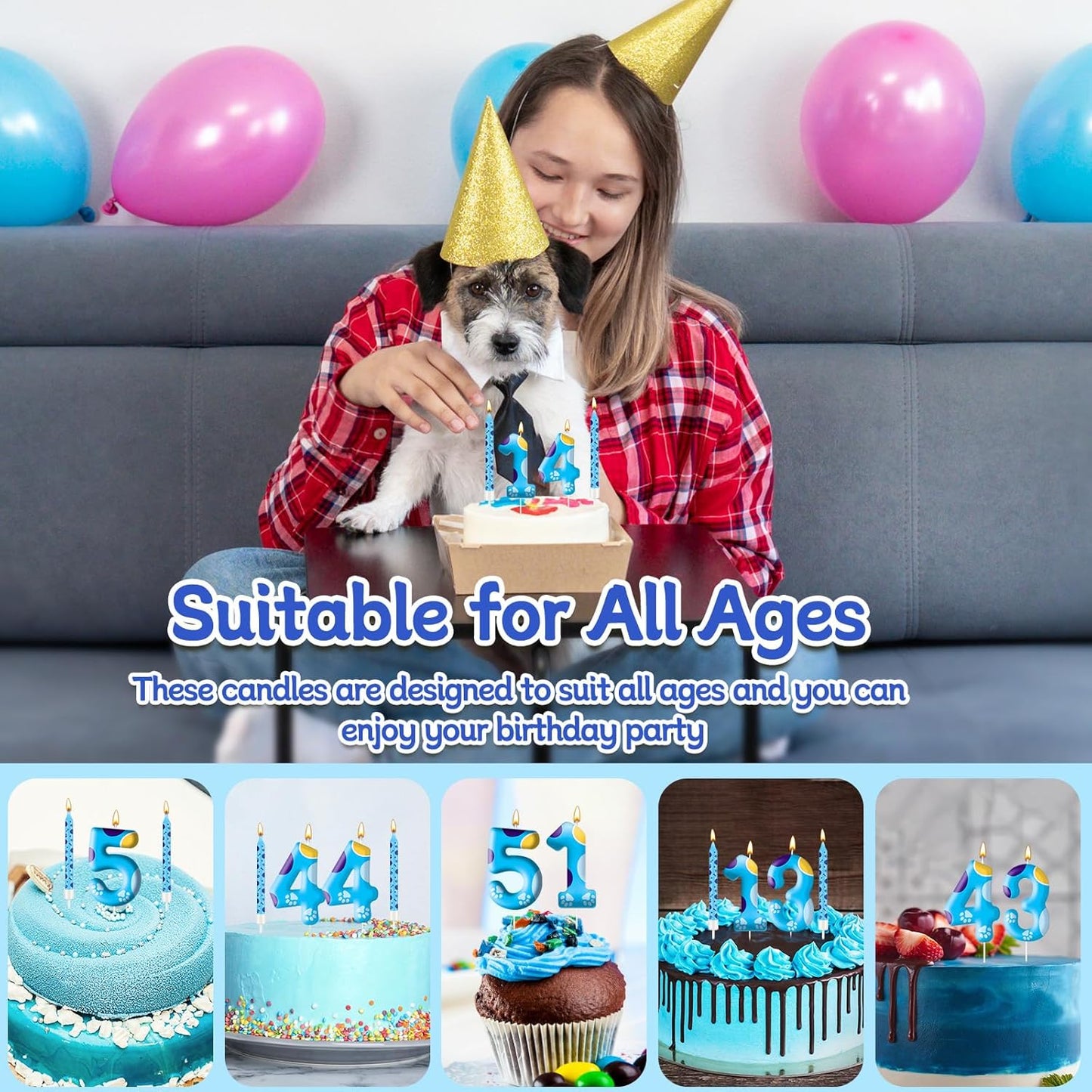 13PCS Blue Dog Paw Birthday Candles Set Cake Topper Numeral Birthday Candles for Boy Girl Dog Paw Decoration(Number 4)