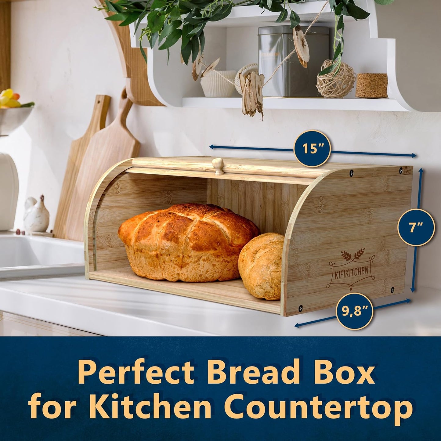 Bamboo Bread Box Space Saving Rustic Roll-Top Bread Bin for Countertop - Store Bread Cake and Baked Goods - 15 x 9.8 inches (Sliding door)