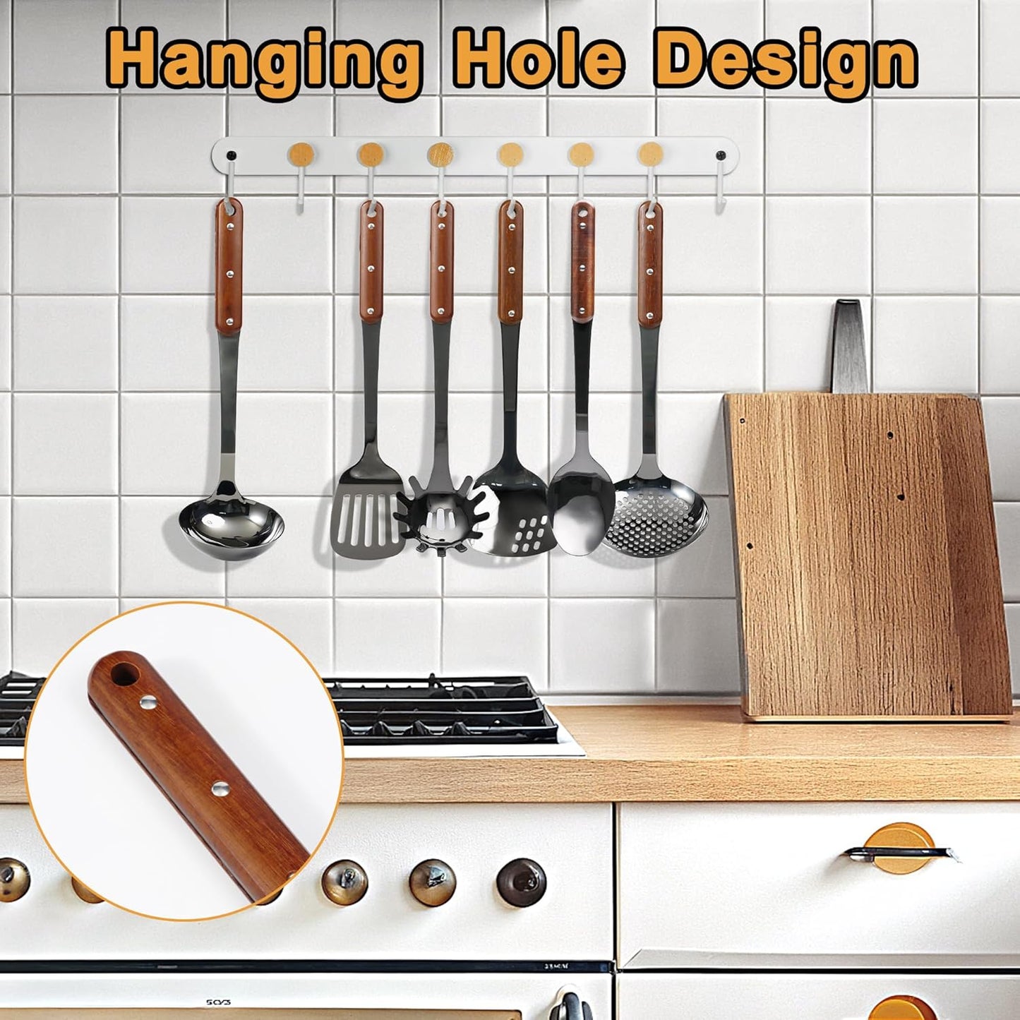 Stainless Steel Mirror Polished Kitchen Utensils Set - 6pcs Cooking Utensils Set with Wooden Handle, Heat Resistant Kitchen Tool Set for Cooking with Turners,Spatula,Ladle,Skimmer,Solid Spoon,Pasta