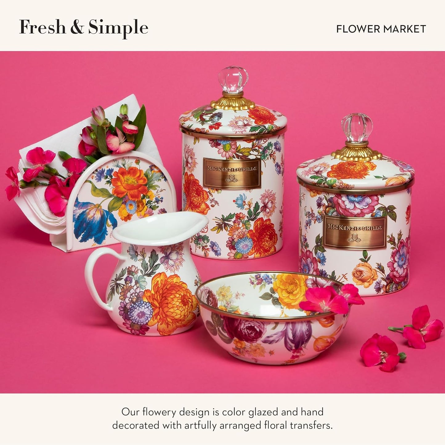 MACKENZIE-CHILDS Enamel Creamer and Sugar-Bowl Set, Cream Dispenser and Sugar Holder, Unique Kitchen Decor, White Flower Market