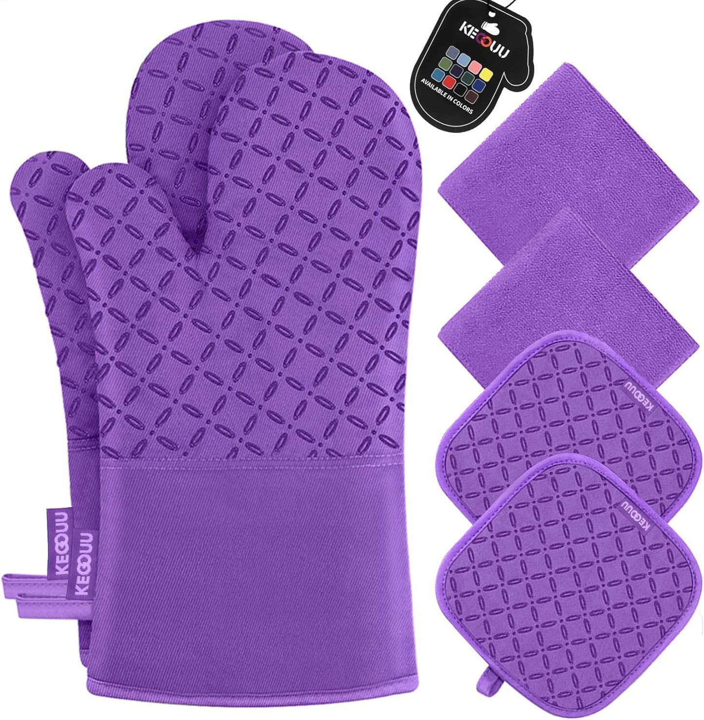 KEGOUU Oven Mitts and Pot Holders 6pcs Set, Kitchen Oven Glove High Heat Resistant 500 Degree Extra Long Oven Mitts and Potholder with Non-Slip Silicone Surface for Cooking (Purple)
