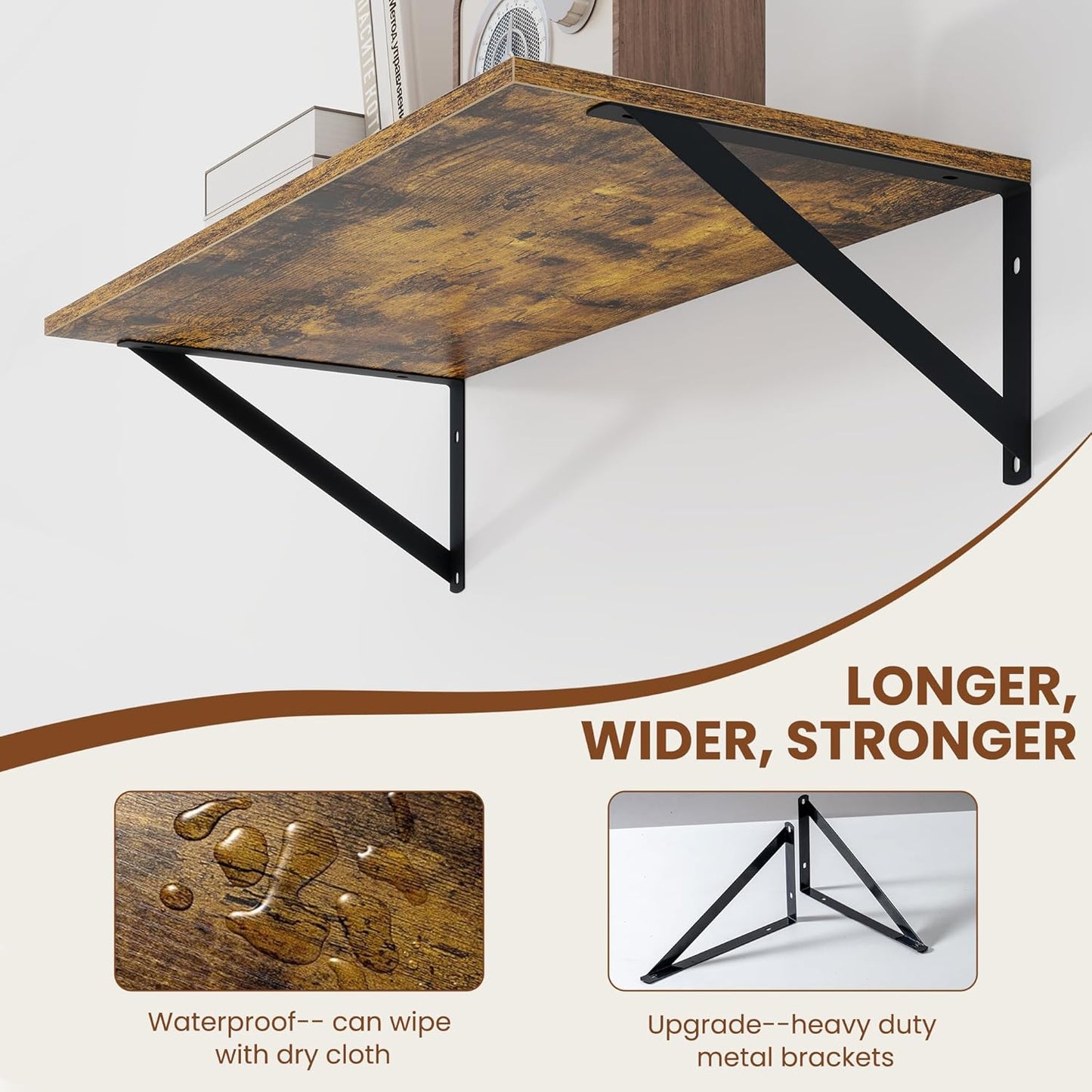 Heimlove Deep Floating Shelves for Wall, 24W x 12D Wood Wall Shelves Set of 2, Wide Floating Bookshelf for Living Room, Kitchen, Office, Bedroom and Decor Storage, with Metal Bracket - Rustic Brown