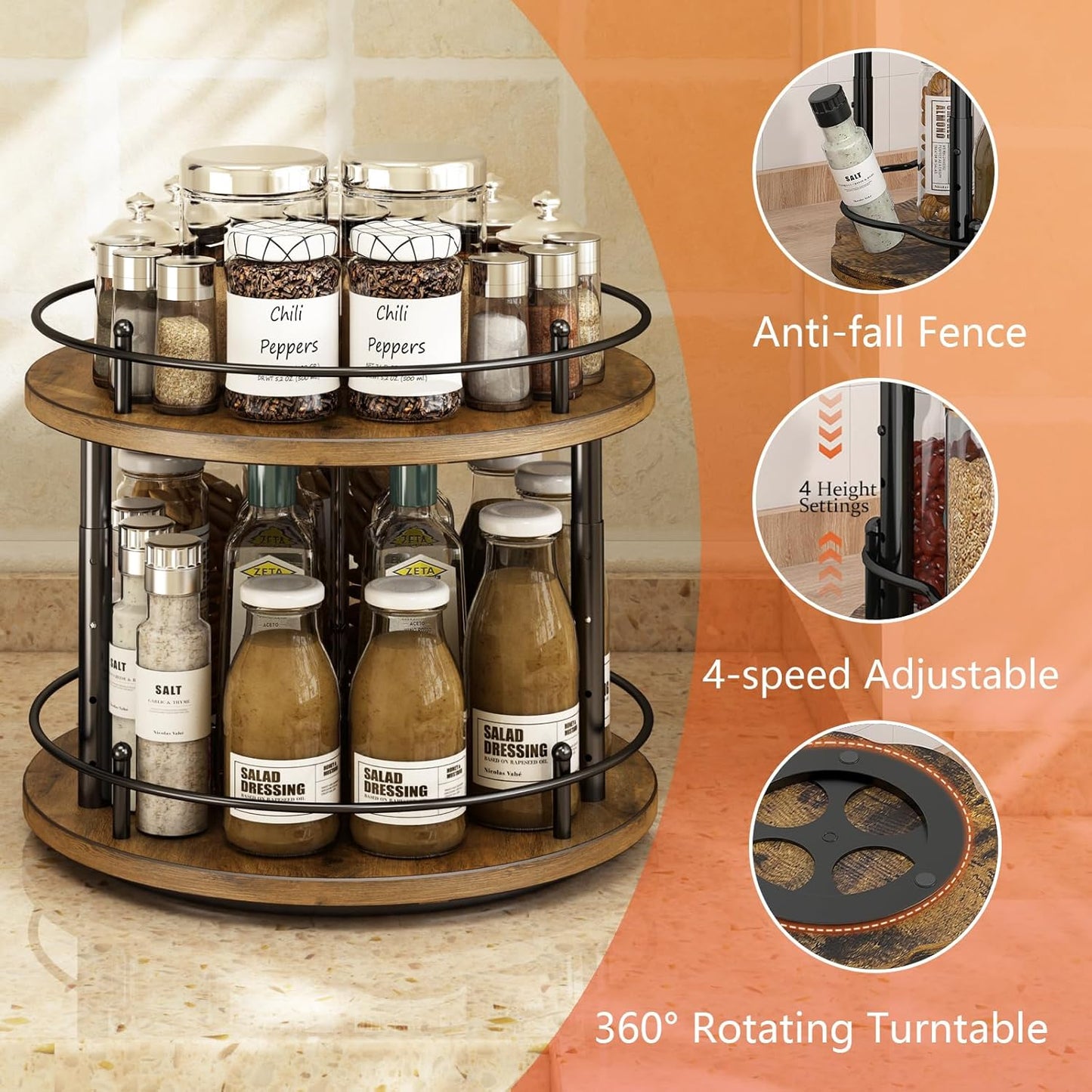 2 Tier Lazy Susan Organizer,2-Tier Spinning Spice Rack with Stable Carousel Base & 4 Height Settings for Cupboard Kitchen Countertop Dining Table Cupboard (Two-Ply(Round))