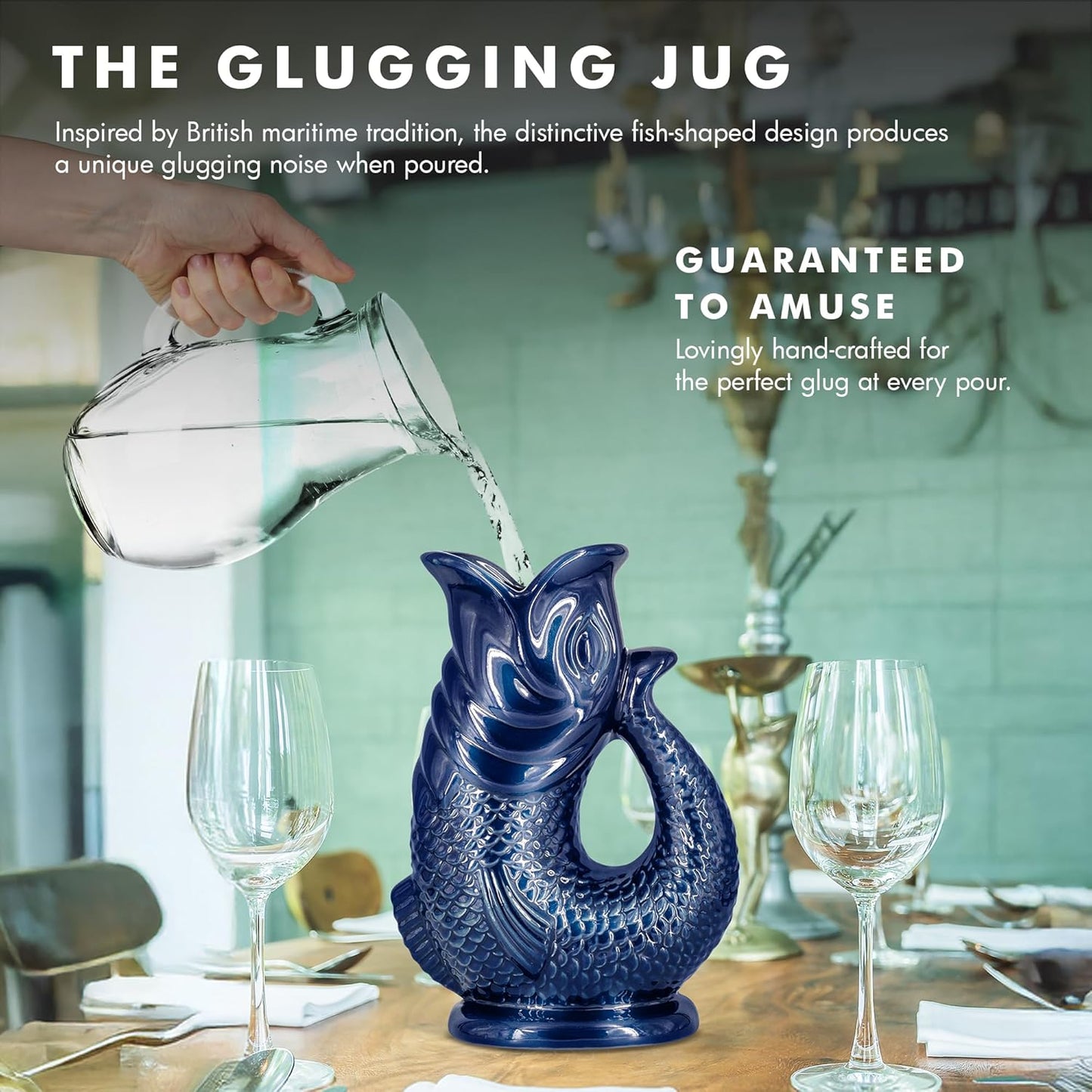 Gurgle Glug Jug The Bubble Jug® Sage Green 50 fl oz 1.5L Litre Extra Large Pitcher - Fish Shaped Jug - Decorative Ceramic Glugging Cocktail, Water and Gin Vase and Gurgling Carafe Pot