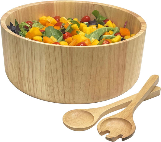 Woodard & Charles Wood 11" x 4 1/2" Salad Serving Bowl Set with Servers, 3 Piece Set