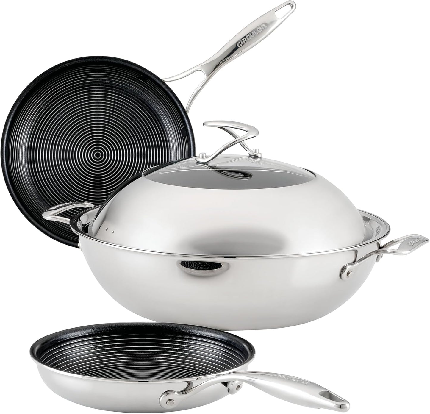 Circulon Clad Stainless Steel Induction Frying Pan and Wok Set with Hybrid SteelShield and Nonstick Technology, 4 Piece - Stainless Steel