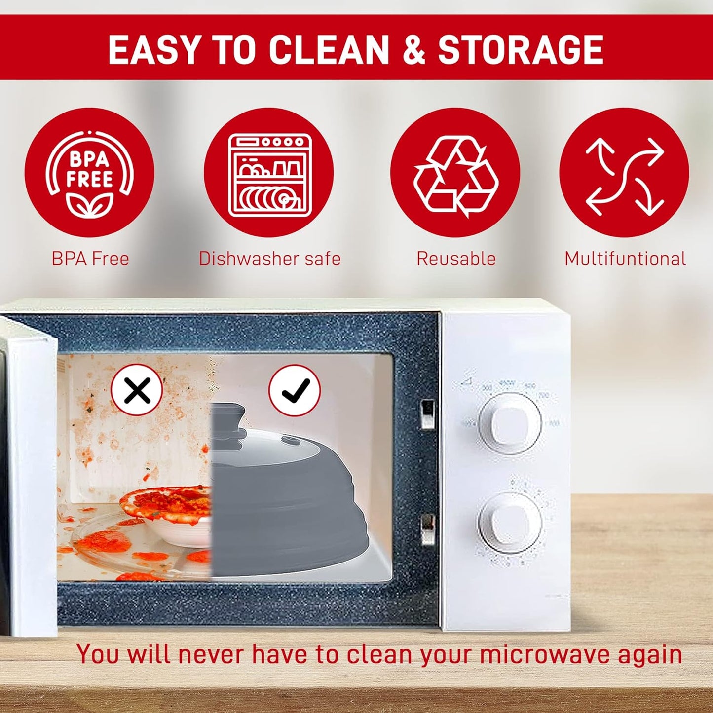 Microwave Splatter Cover Glass 10 Inch - Collapsible Microwave Splatter Cover for Plate & Bowl - Tempered Glass Top, Food-Grade Silicone Dome with Heating Vents & Heat-Safe Handle