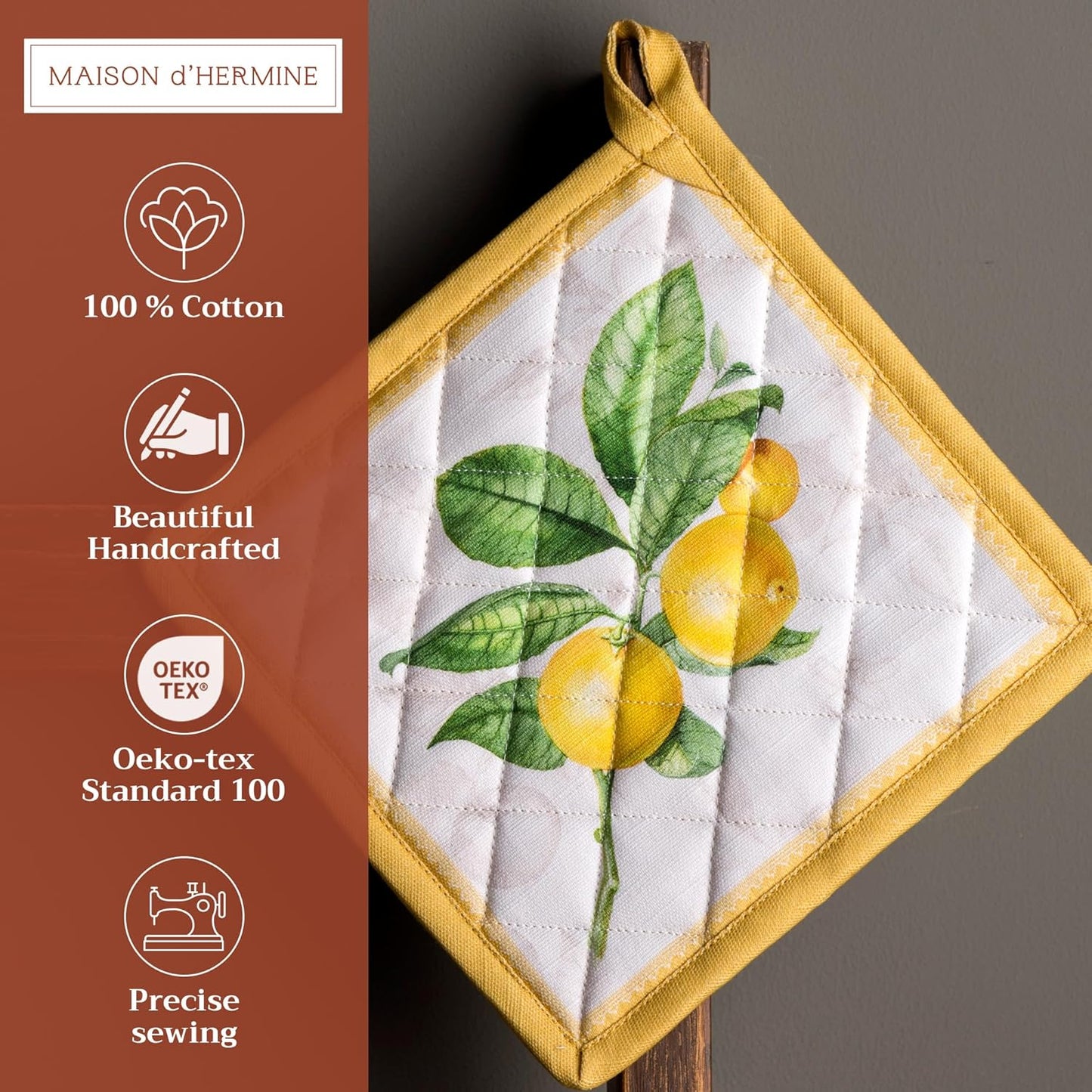 Maison d' Hermine Pot Holders 100% Cotton Heat Resistant Potholders 8" x 8" Hot Pads with Loop BBQ, Cooking, Baking, Grilling, Kitchen, Handling Hot Pans Spring/Summer (Pack of 1, Limoncello)