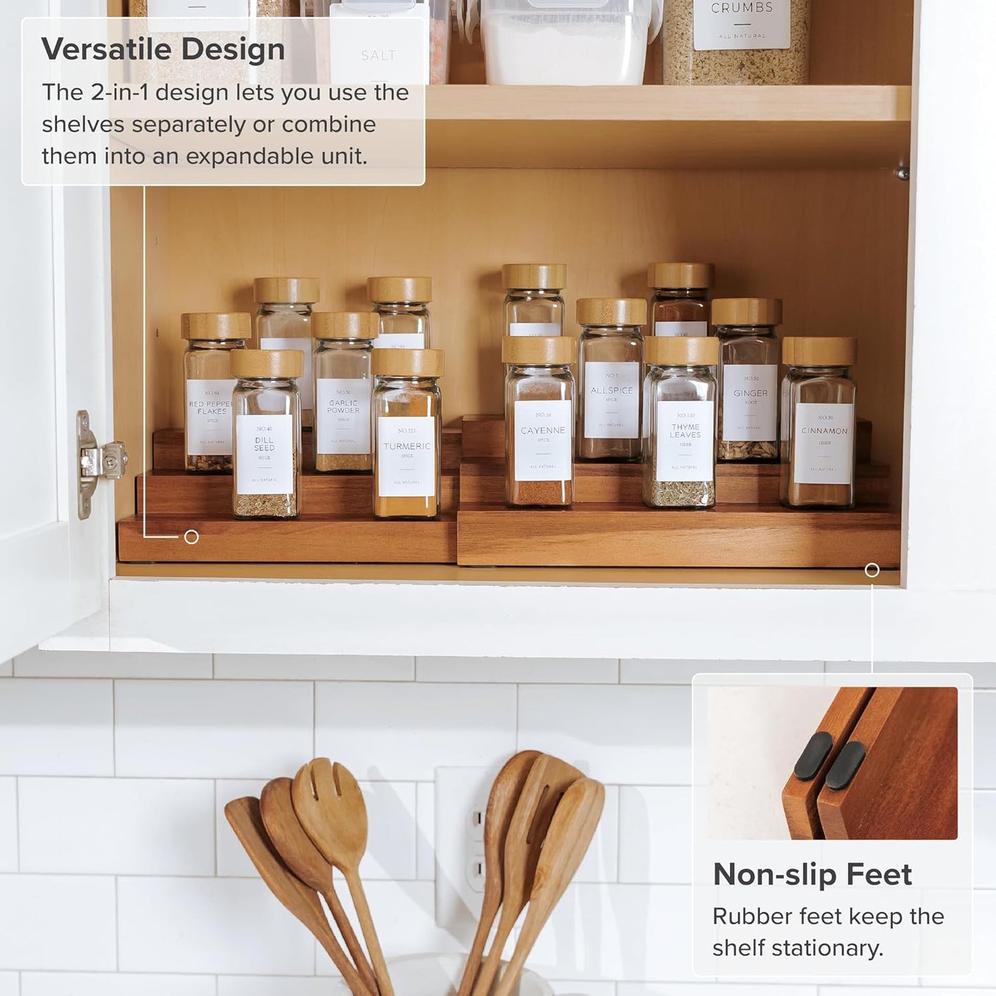 KitchenEdge Expandable Spice Rack Organizer for Cabinet, 3-Tier Shelf for Spice Organization (11” to 22”), Fits 36 Spice Jars, Seasoning and Pantry Storage, Non-Slip Feet, 100% Acacia Wood