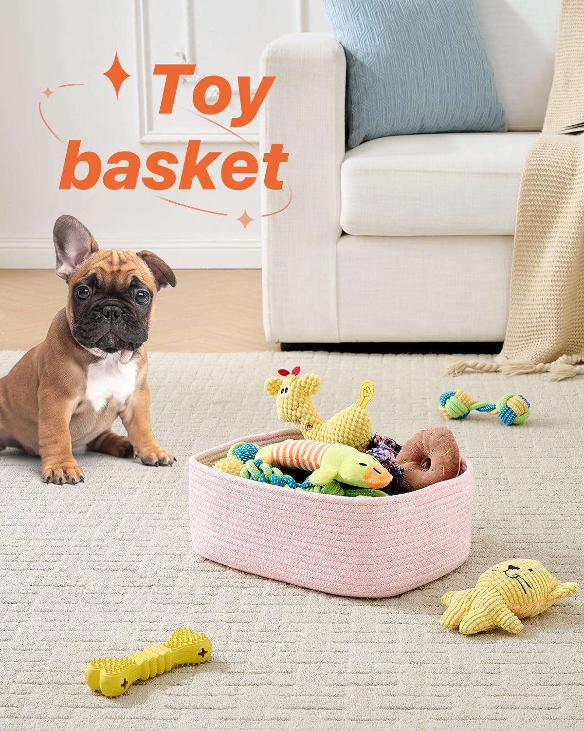 Small Woven Basket, 13.5 x 9.5 x 5 Inches, Storage Basket for Organizing, Cute Small Rope Shelf Closet Cube Storage Bins Baskets for Shelves, Dog Toy Gift Baskets Empty, 3 Pack Light Pink