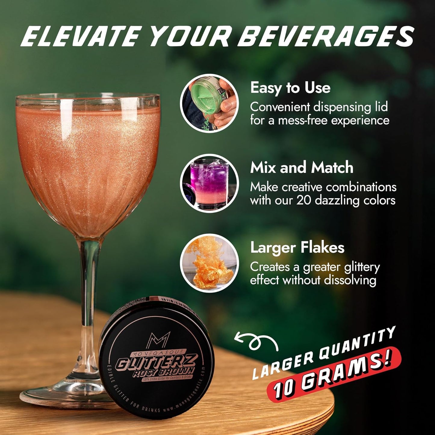 MONÉGASQUE Brown Edible Glitter for Drinks 10g – Halloween Edible Glitter for Cakes & Cocktails – Brown Sprinkles for Food & Cake Decorating – Drink Shimmer Powder Spray Dust for Cocktail Decorations