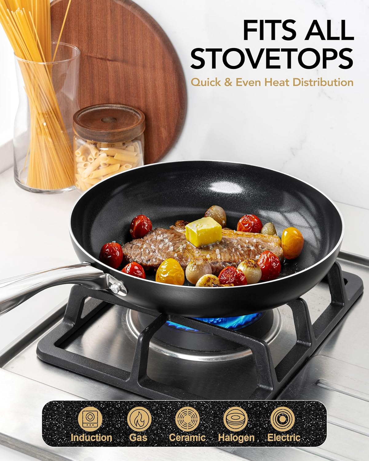 MICHELANGELO Ceramic Frying Pan - 10 Inch Frying Pan Nonstick with Lid, Non-Toxic Skillet with Stainless Steel Handle, Nonstick Skillet, Black