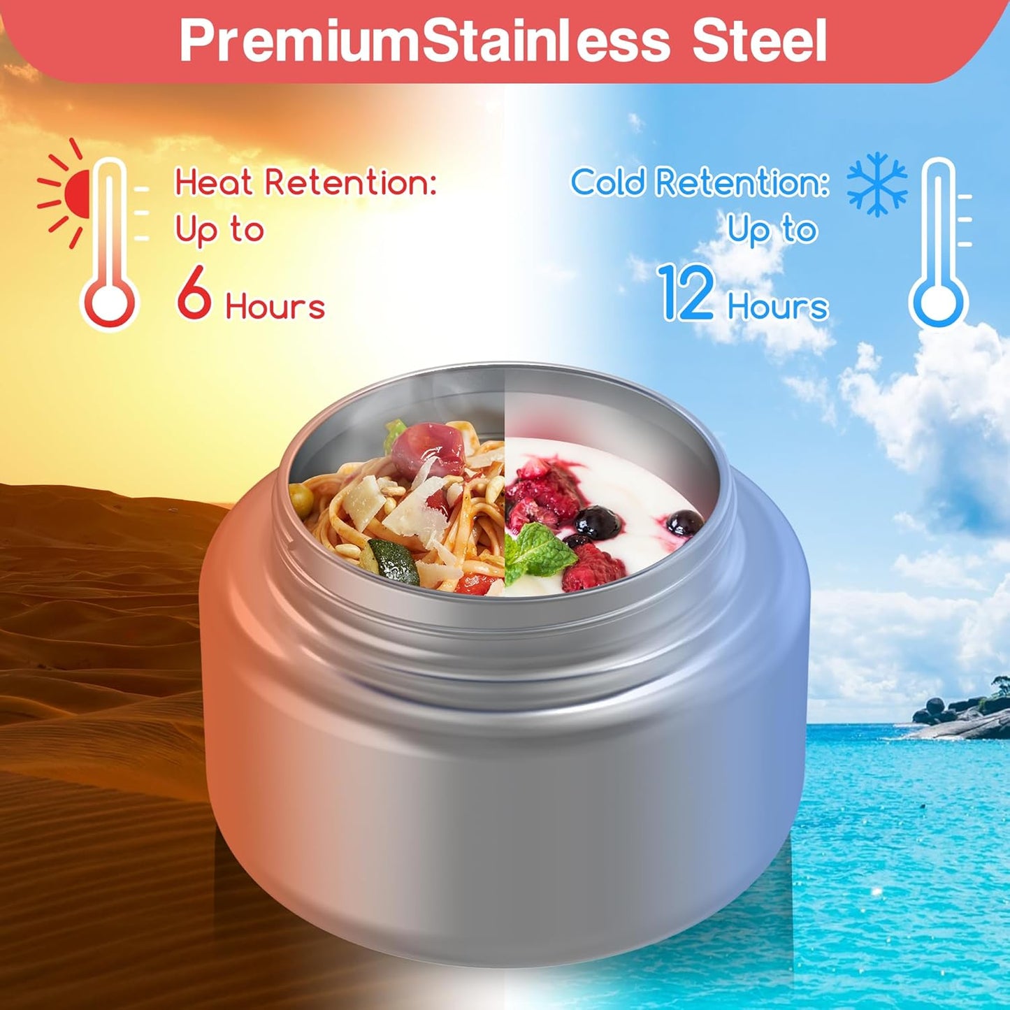 Bento Box for Kids - Leak-Proof Lunch Box with Insulated Thermos Food Jar - 4 Compartments, 1 Removable Divider, 1Spoon, 1 Fork - Dishwasher Safe, BPA-Free (Pink)