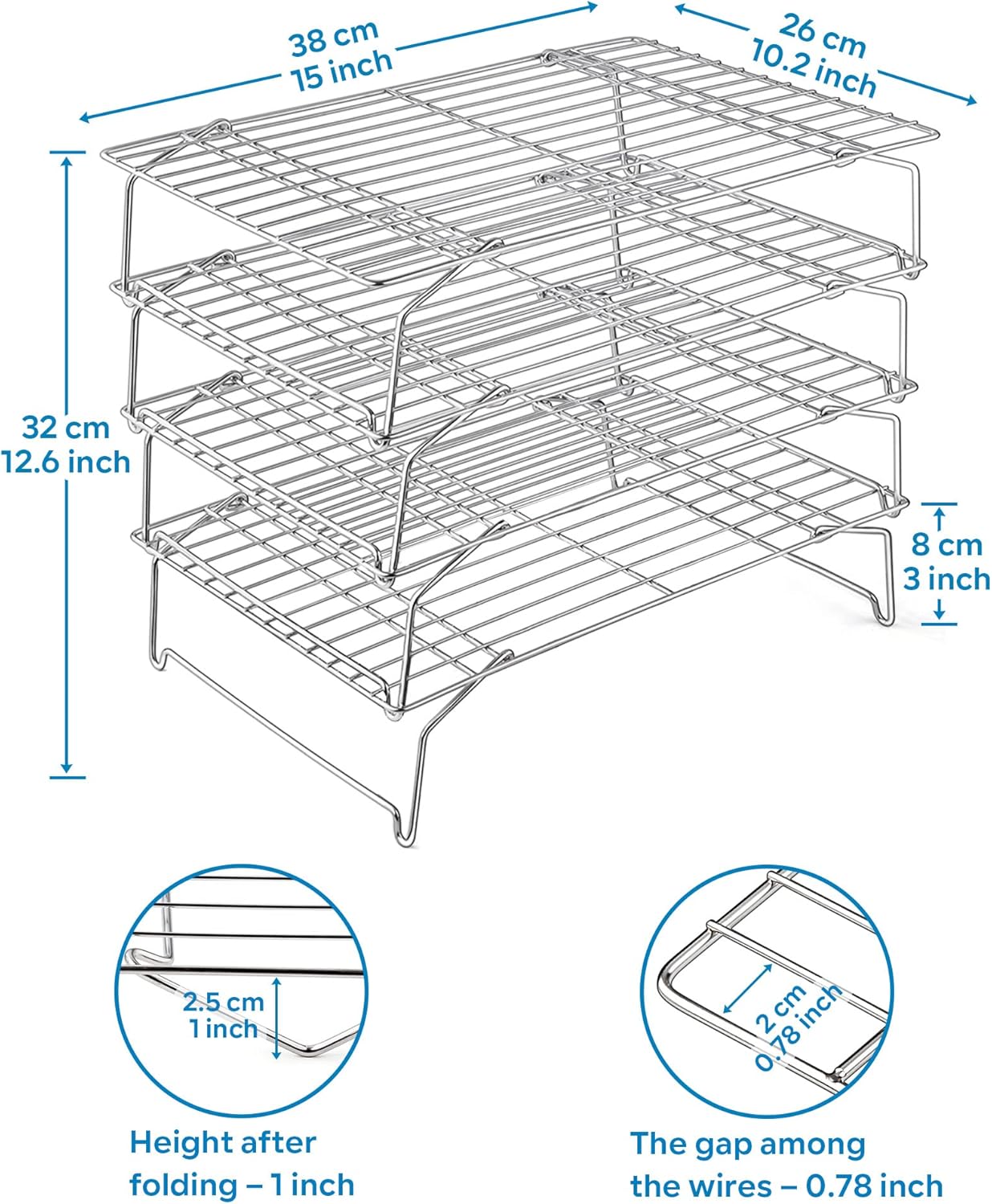 15IN x 10IN Cooling Baking Rack Set of 4, Leonyo 4-Tier Stackable Stainless Steel Wire Baking Cooking Racks Set for Cookie, Pizza, Cup Cake, Raised & Folding Feet