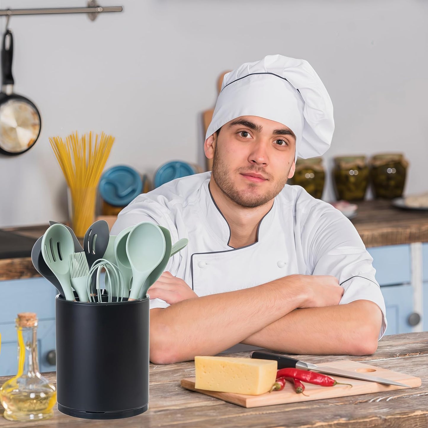 Utensil Holder,4-in-1 Large Kitchen Utensil Holder For Counter,Rotating Silverware Organizer Cooking Flatware Spoon Spatula Tool Cutlery Container Stainless Steel Caddy