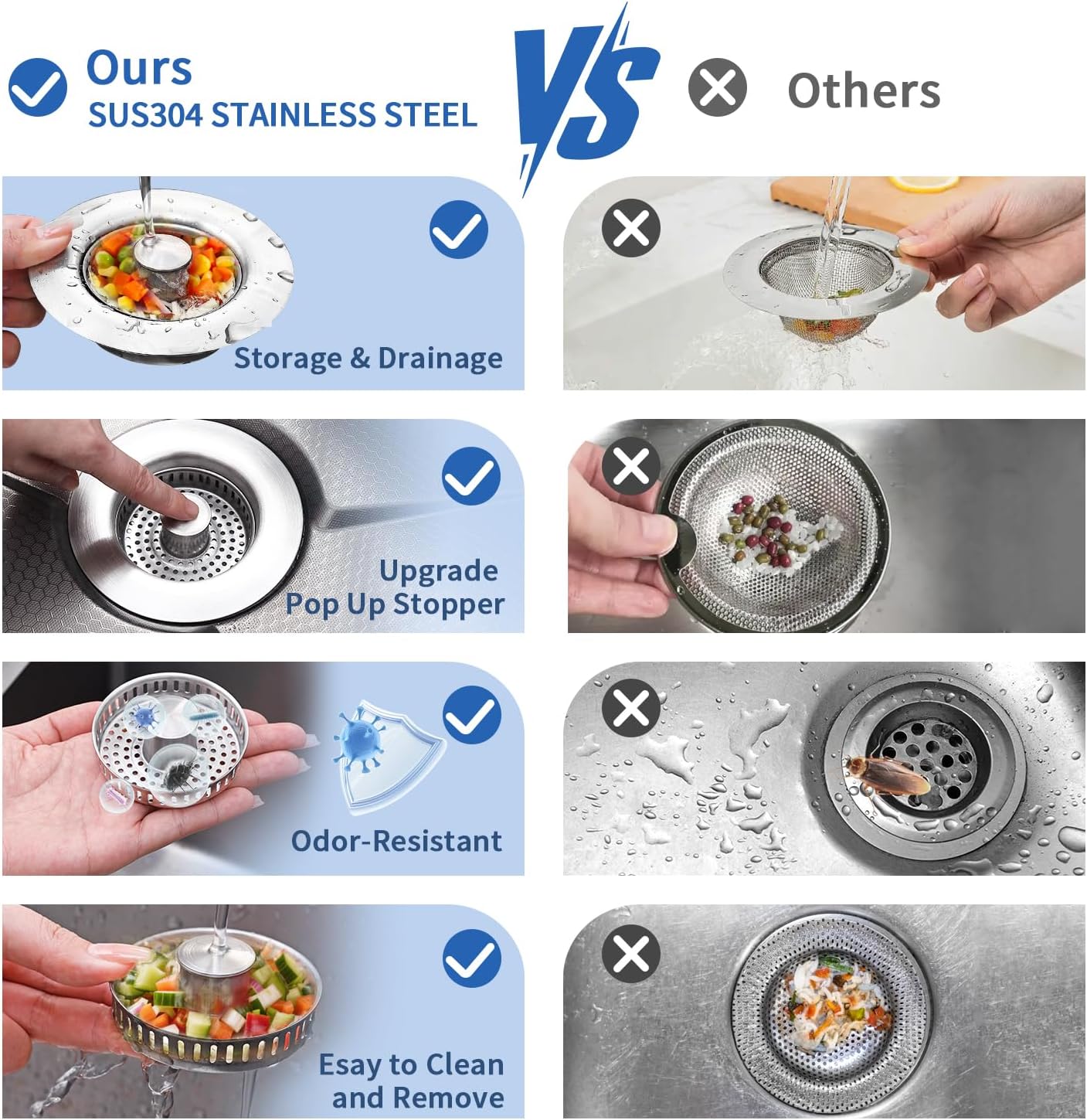 3-in-1 Kitchen Sink Drain Strainer & Sink Stopper 2 Pack - 304 Stainless Steel Sink Drain Strainer, Pop-Up Anti-Clog Design, Fits Standard 3-1/2'' Sink Drains
