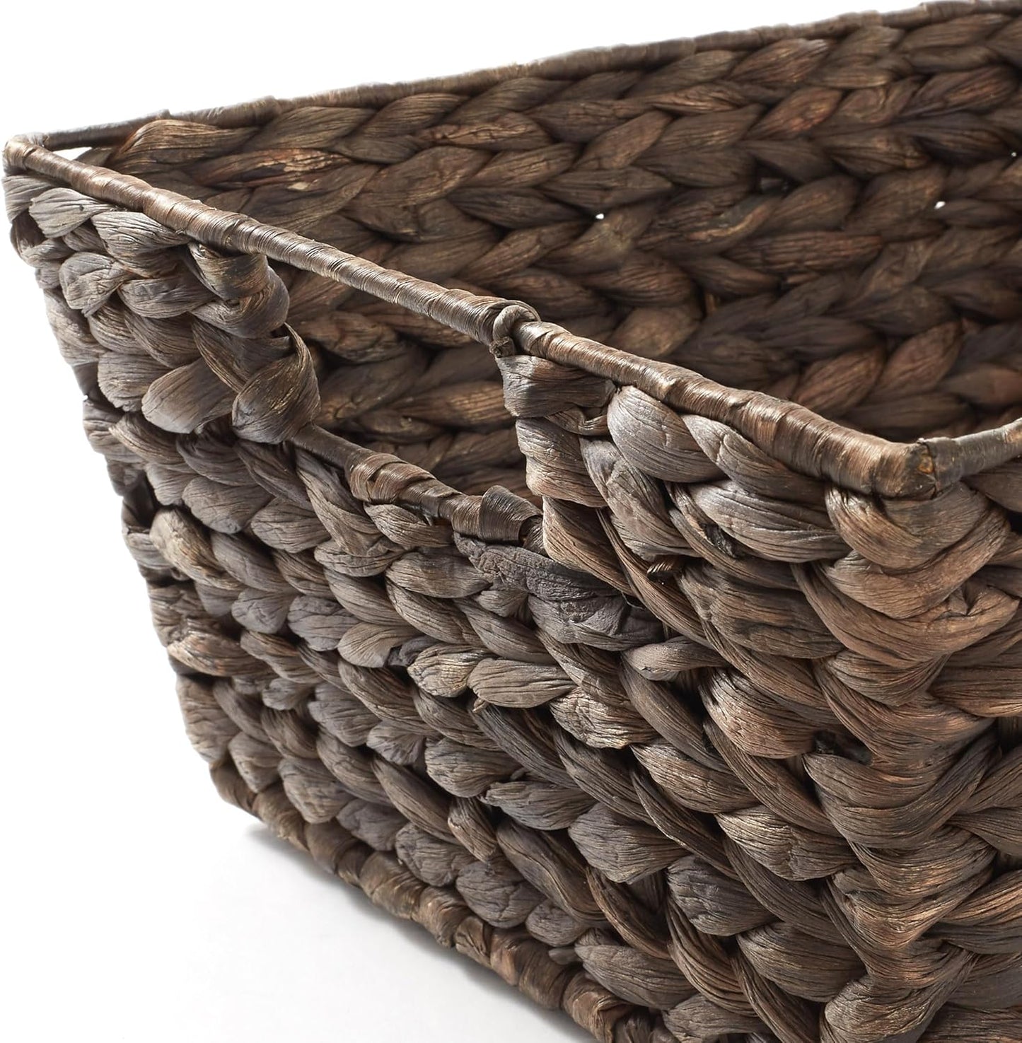 Casafield Set of 2 Water Hyacinth Pantry Baskets with Handles, Chalkboard Labels, and Marker - Espresso, Wide Woven Storage Bin Organizers for Kitchen Shelves