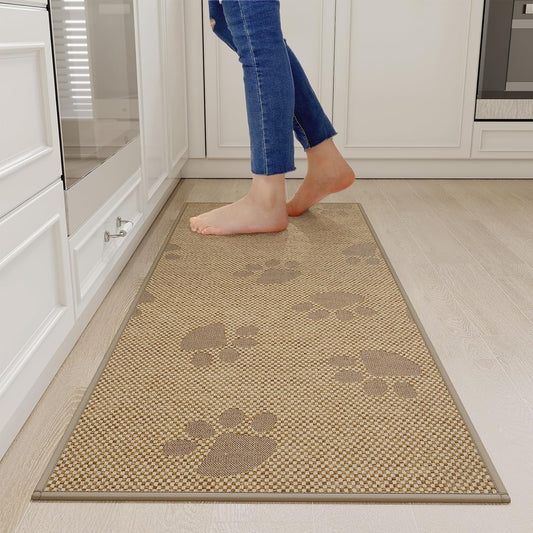 Kitchen Mats for Floor, Super Absorbent Kitchen Rugs Non Slip Washable, Rubber Backing Soft Woven Linen Embroidery Runner Rug, Standing Mat Kitchen Sink Mat, Easy to Clean, Brown 17x47