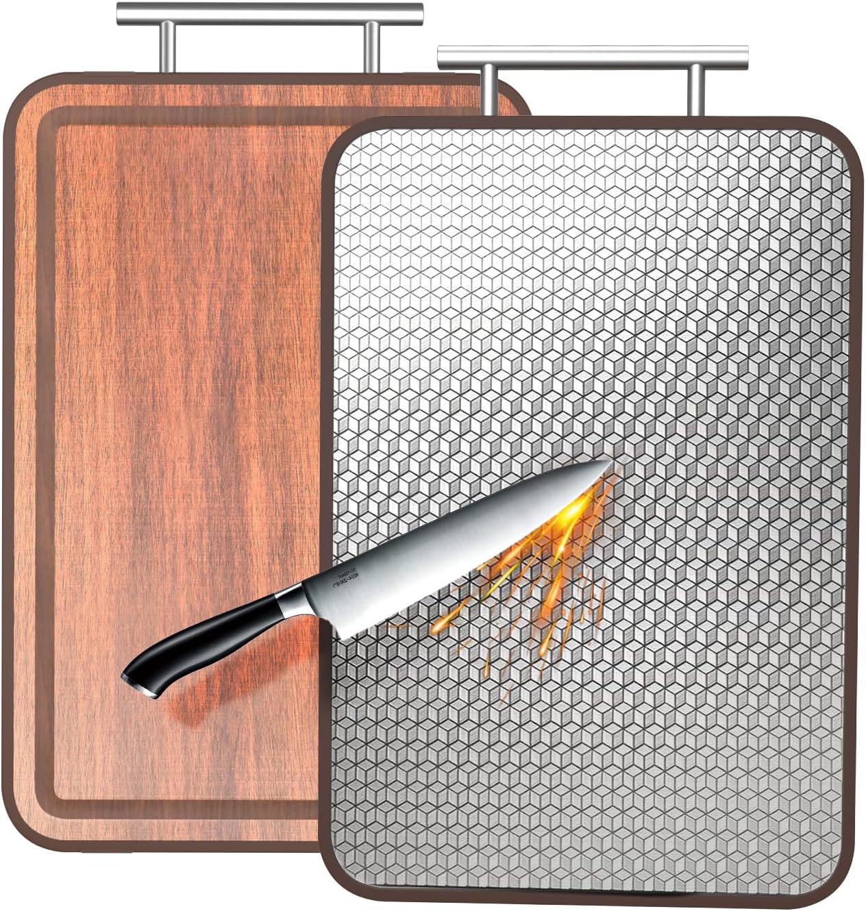 Stainless Steel Cutting Board Wood Double Sided Chopping Cutting Boards for Kitchen - 2 in 1 Ebony Metal with Handle Scratch Resistant Raw Meat Vegetable Fruit Cooking Gift 17.7''×11.6''×1''(Upgraded)