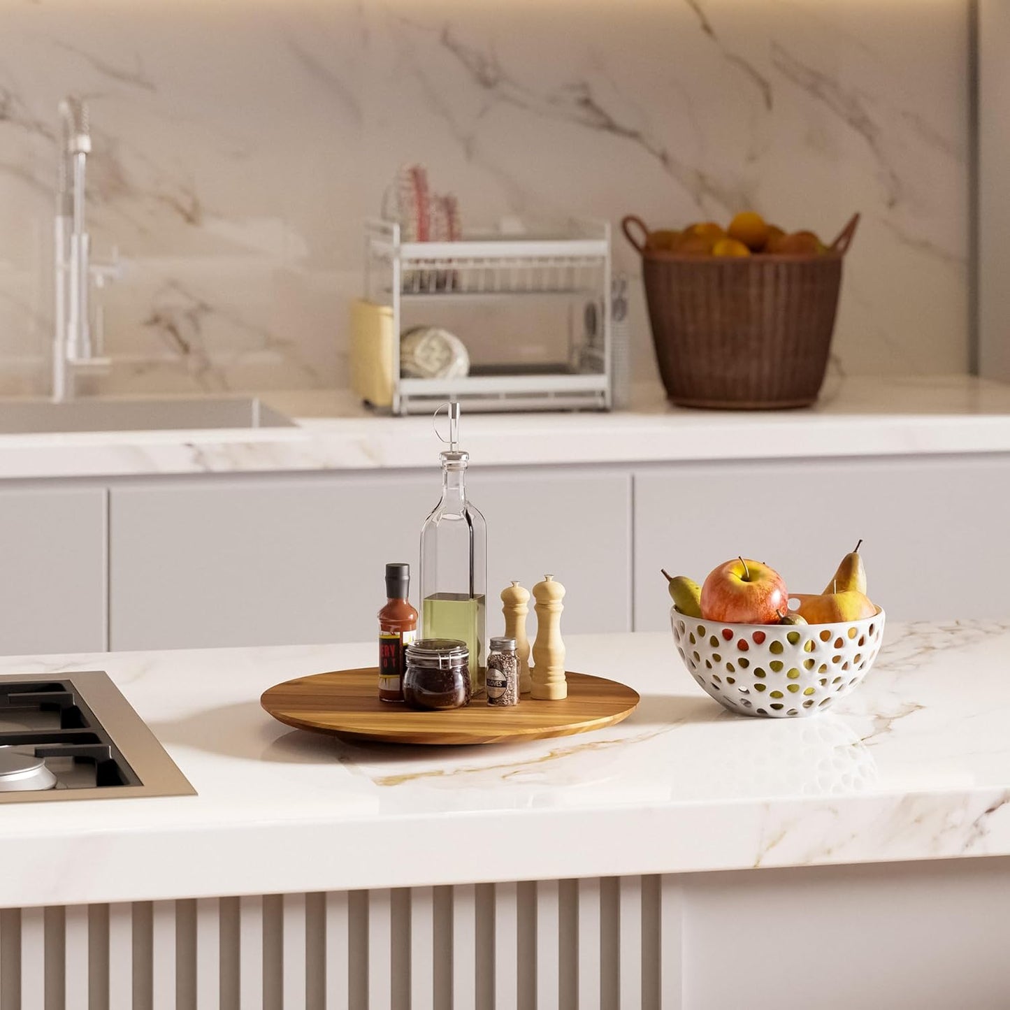 18" Acacia Wood Lazy Susan for Table Top - Wooden Turntable Serving Tray for Charcuterie Boards Cheese Board - Extra Large Round Lazy Susan Organizer - Kitchen Revolution for Countertop