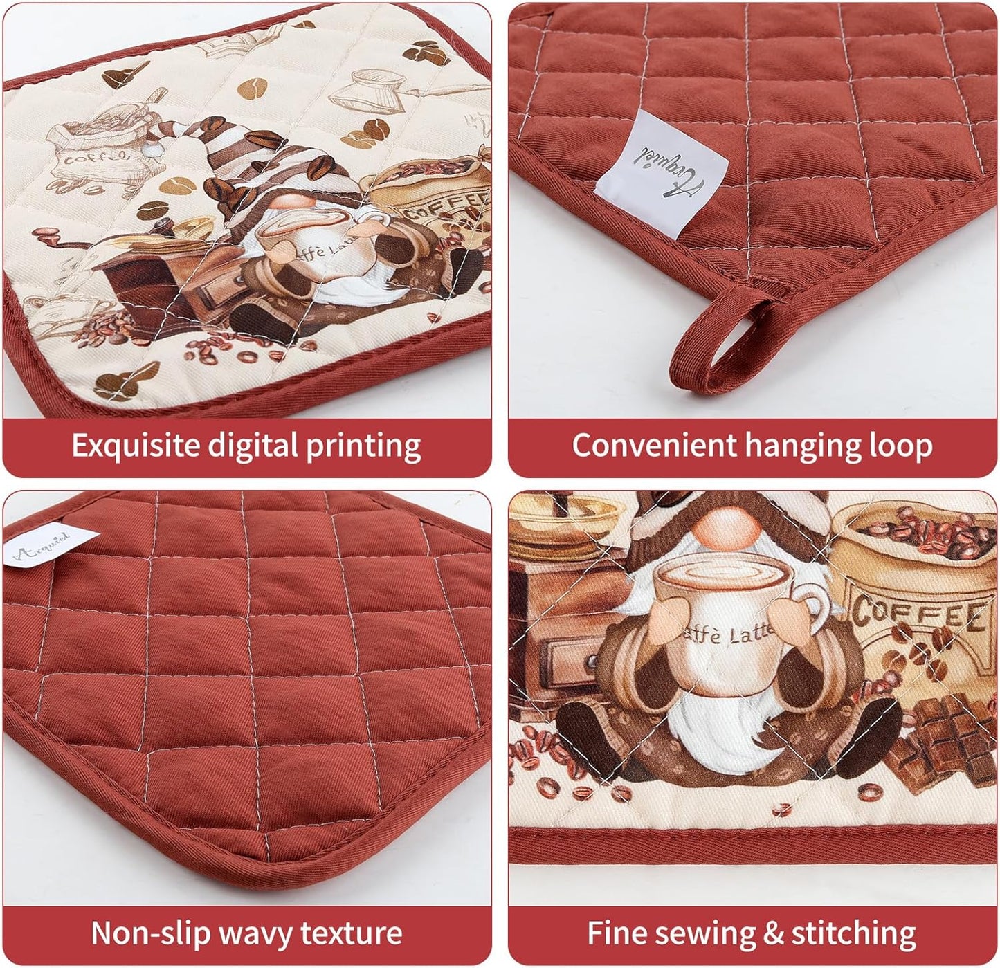 Coffee Gnome Oven Mitts and Pot Holders Sets 2Pcs, 100% Cotton Heat Resistant, Extra Long Oven Gloves Potholder for Kitchen Cooking Baking Decoration