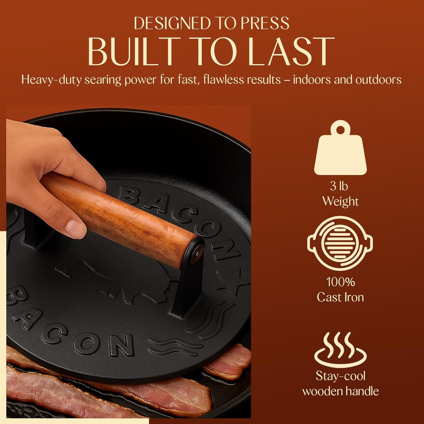 Heavy-Duty Cast Iron Burger Press 8.5 Inch Round Burger Smasher, Grill Press for Cooking Burgers, Bacon, Sandwiches, Steak, Ground Beef, Meats, Sausages, and So On