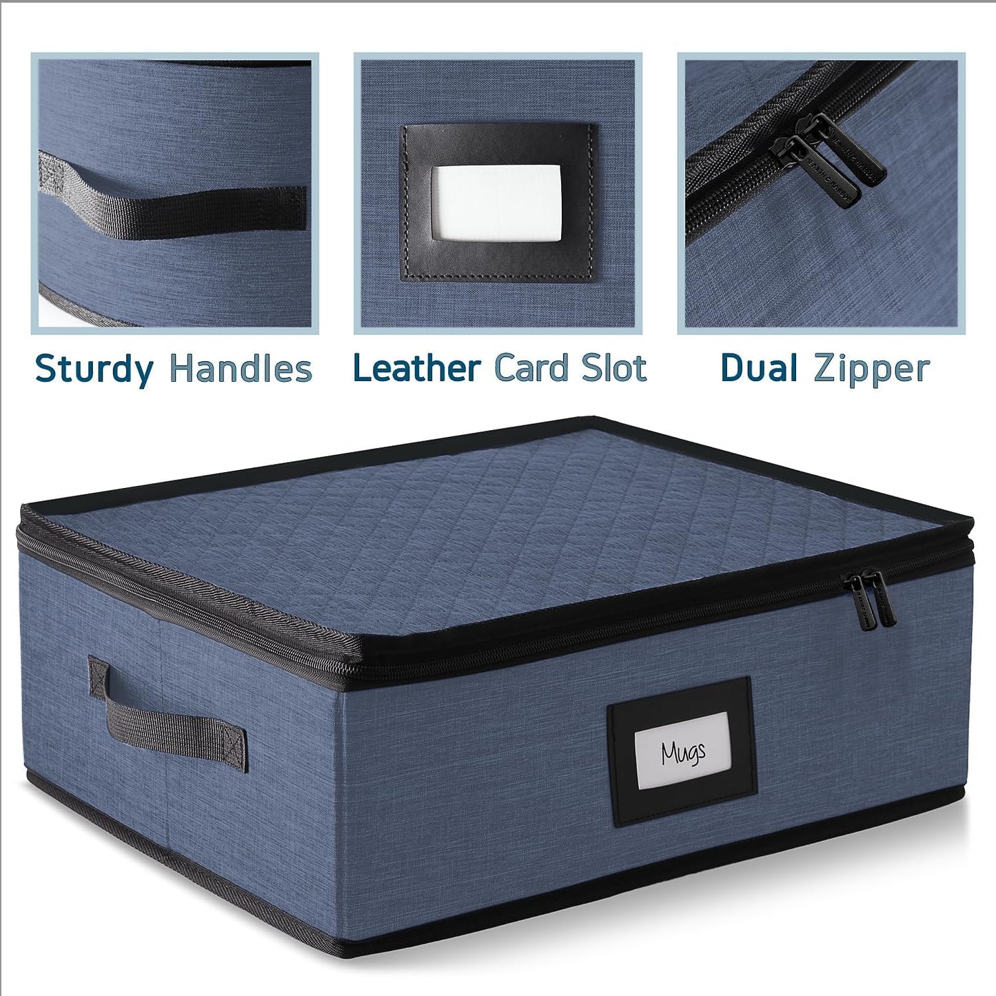 Coffee Mug Storage, 2 Pack Quilted and Stackable Coffee Cup Storage Organizer for Service of 24, Mug Storage Box with Dividers, China Containers Hard Shell for Moving and Organization, Blue