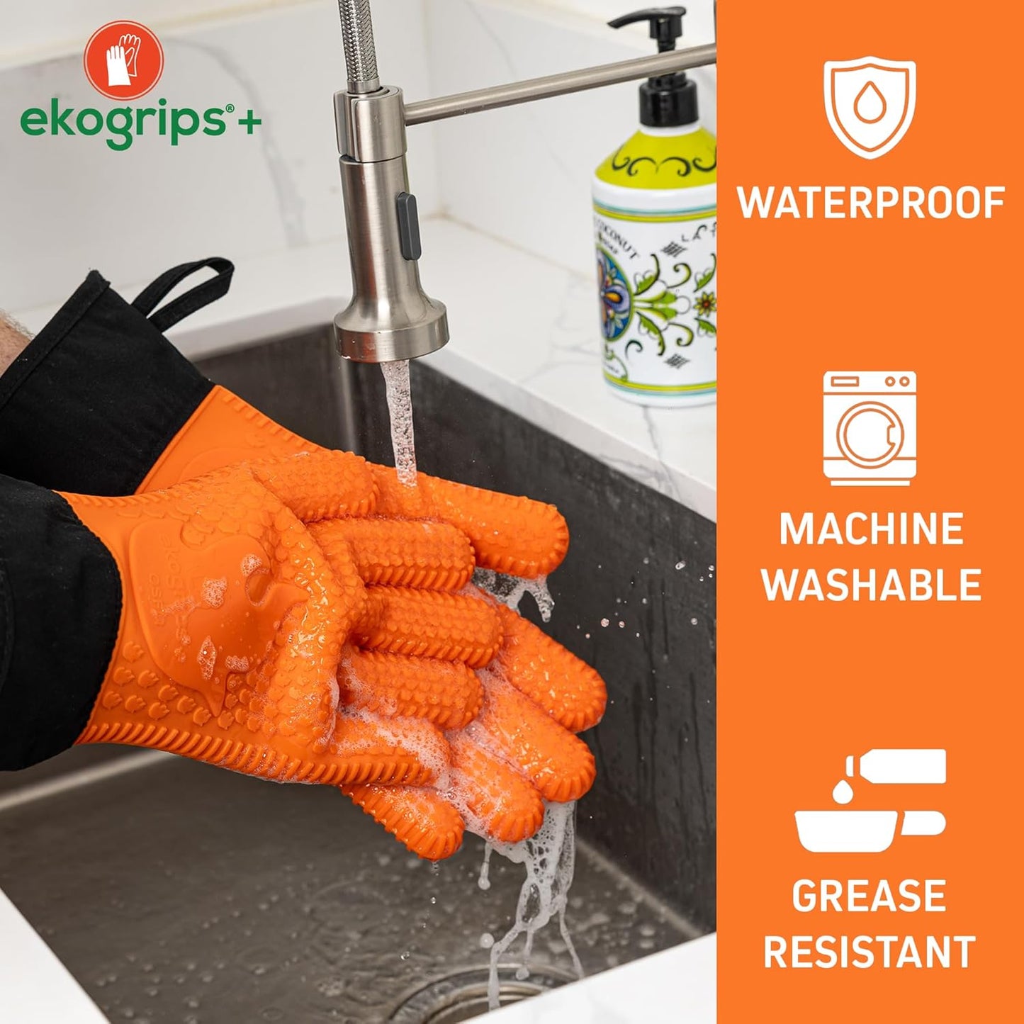 Ekogrips+ Premium Silicone Oven Mitts - Comfy, Waterproof, Heat Resistant BBQ Gloves for Grilling, Long Cuff for Added Protection, 5 Finger Dexterity, 3 Sizes, 4 Colors, S/M, Grey