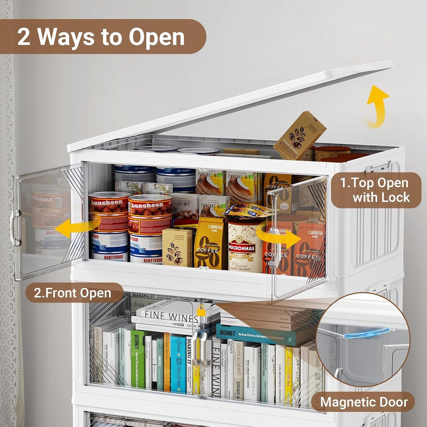 140Gal Plastic Stackable Storage Bins with Lid, 560QT Extra Large Closet Organizers Collapsible Cabinets Boxes with Drawers, Foldable Containers with 4X Wheels for Home Kitchen, V60 4Pack White