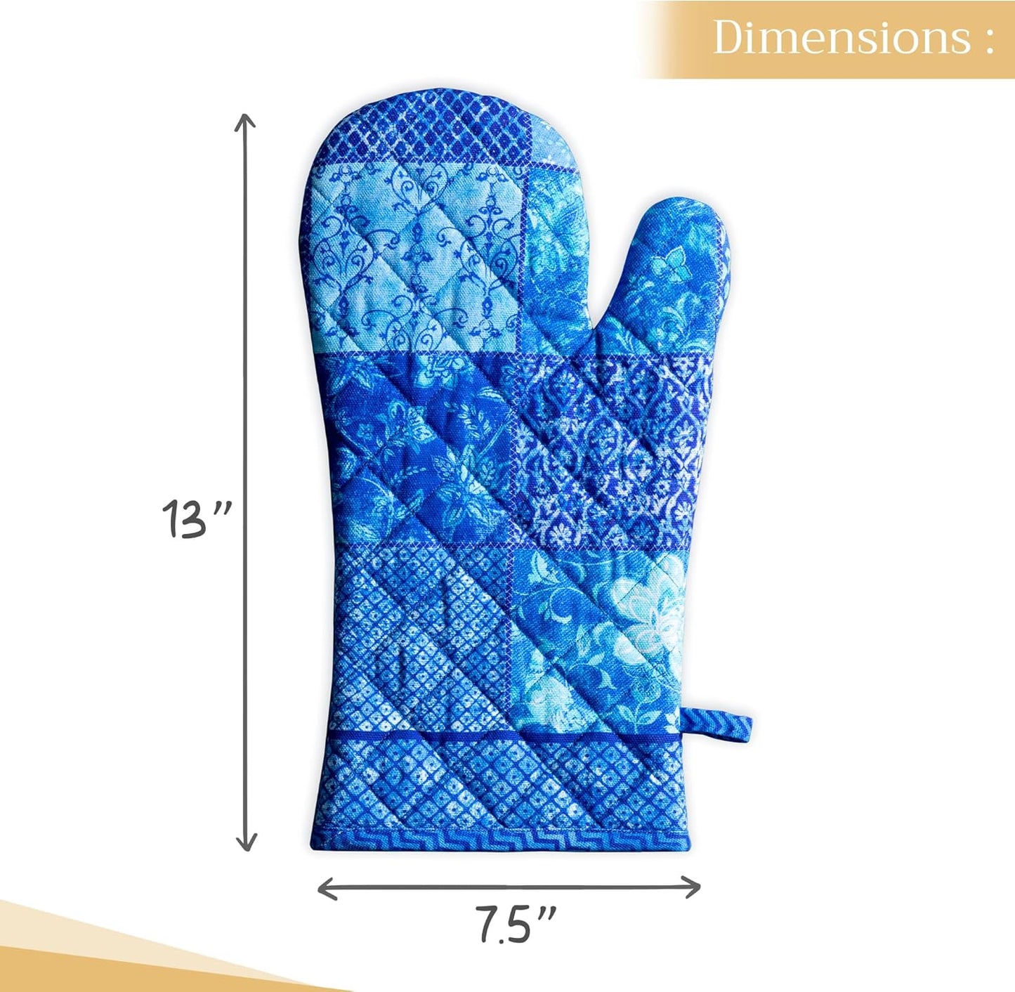 Maison d' Hermine Oven Gloves 100% Cotton Oven Mitt 7" x 13" with Loop Heat Resistant, BBQ, Cooking Gloves, Baking, Grilling, Kitchen, Handling Hot Pans Spring/Summer (Pack of 1, Indigo Love)
