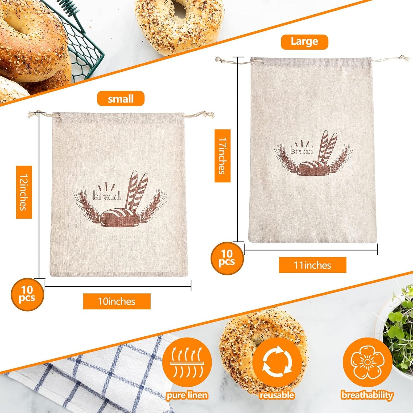 Dunzy 20 Pcs Linen Bread Bag Reusable Container Drawstring Bread Bags Storage Unbleached for Food Baking Kitchen Sandwich Bakery Picnic Wedding Wrapping Camping (10 x 12 Inch, 11 x 17 Inch)