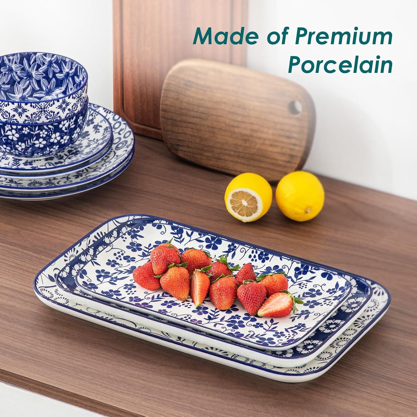 vancasso Serving Platters Set of 3, 16"/14"/12" Inch Rectangular Trays - Serving Platter Extra Large, Ceramic Serving Dish Microwave & Dishwasher Safe (Vintage Blue B)