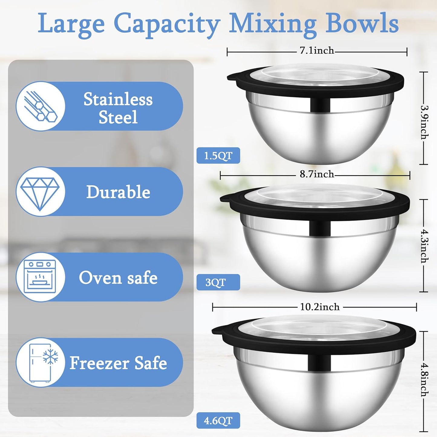 LIANYU Mixing Bowls Sets of 3, Stainless Steel Metal Nesting Mixing Bowl Sets for Kitchen, Large and Small Size 4.6 & 3 & 1.5QT, Include Transparent & Airtight Lids, Dishwasher & Freezer Safe, Black