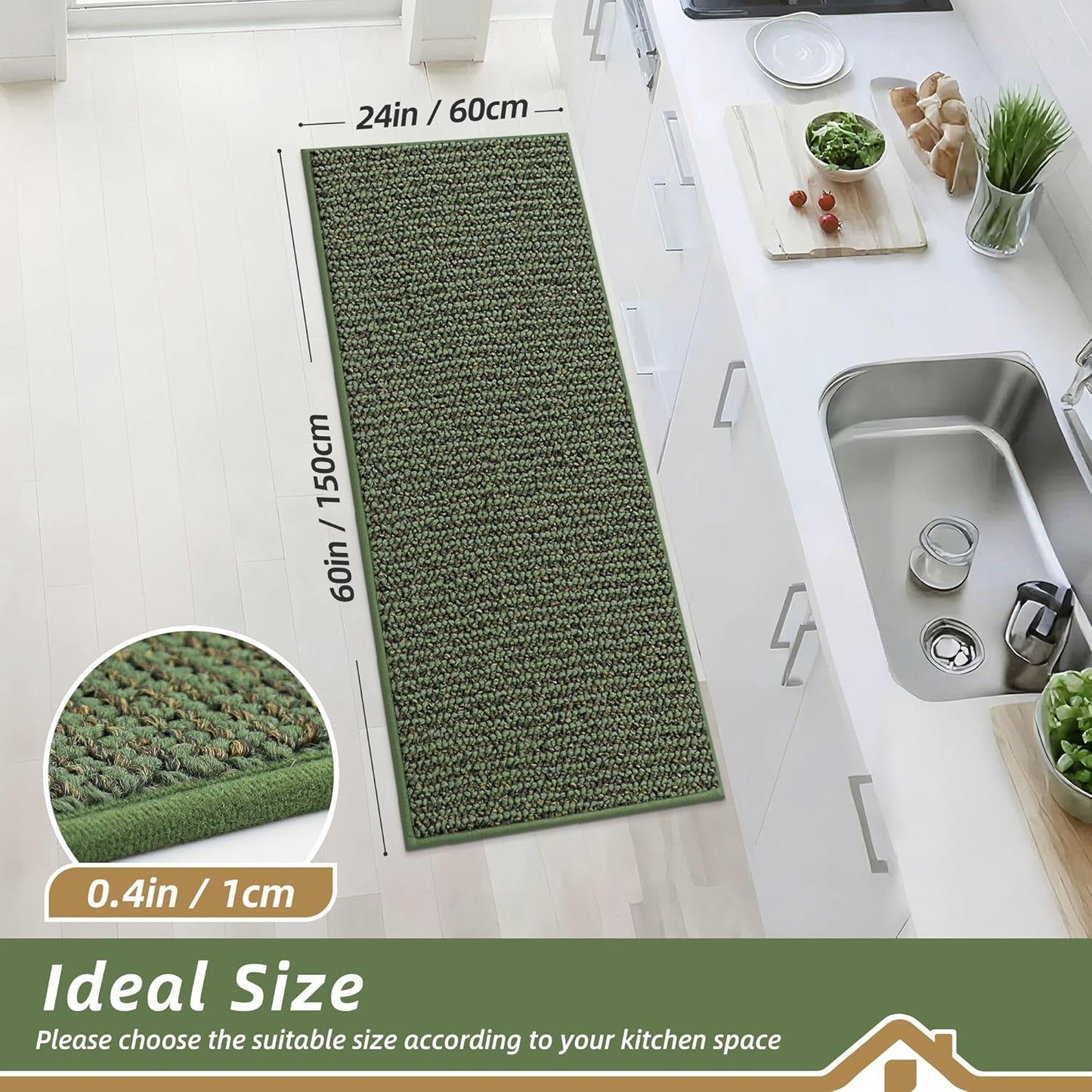 BEQHAUSE Kitchen Runner Rugs 24"x60", Non-Slip Kitchen Mats for Floor, Super Absorbent and Stain Resistant Kitchen Rug, Machine Washable Rugs for Kitchen, Hallway, Laundry & Sink, Green
