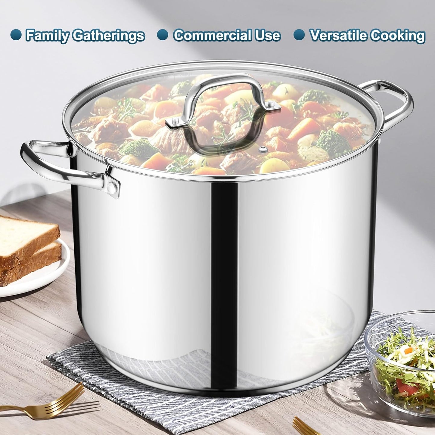 E-far 24-Quart Large Stock Pot, Stainless Steel Stockpot with Lid for Boiling Cooking Soup Stew Canning, Heavy Duty Tri-Ply Bottom Works w/Induction, Commercial Grade & Dishwasher Safe