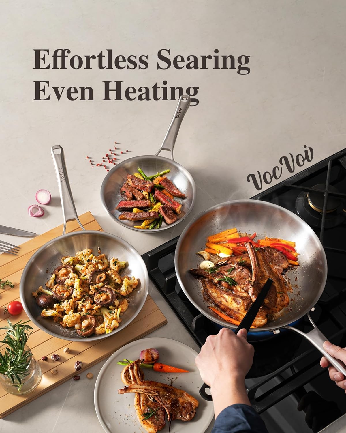 12 inch Tri-Ply Stainless Steel Frying Pan with LID,PFOA&PTFE Free Skillets,Chef's Pans,Dishwasher and Oven Safe Cookware, Works on Induction,Ceramic and Gas Cooktops