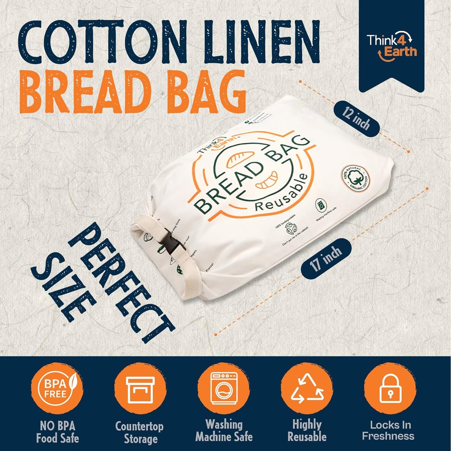 Think4Earth® – Cotton Linen Bread Bag Organic - Reusable Bags for Homemade Loaf Gift Giving - Bread Container for Large Sourdough Loafs – Countertop Cloth Storage and Transport Solution.