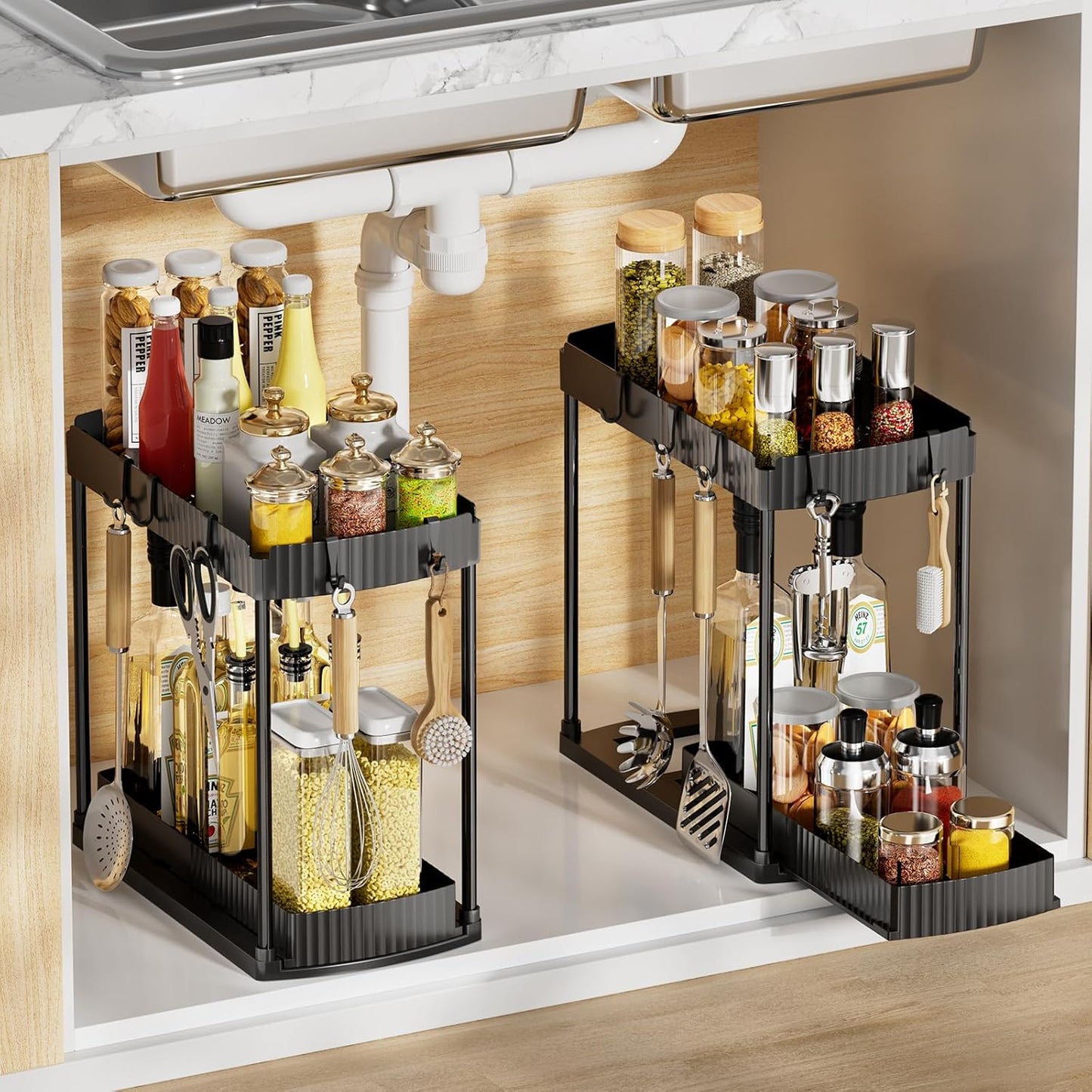 2 Pack Under Sink Organizer, Multi-Purpose Pull Out Cabinet Organizer and Storage for Bathroom & Kitchen, 2 Tier Sliding Cabinet Organizer Drawer