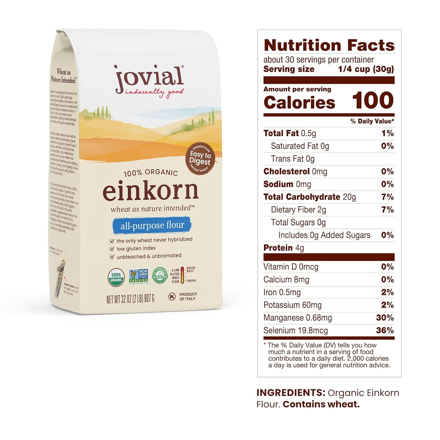 Jovial Organic Einkorn Unbleached All Purpose Flour - Bread Baking Flour for Sourdough, High Protein, Non-GMO, Organic Pizza & Pasta, European Italian, Glyphosate Free - 32 Oz, 3 Pack