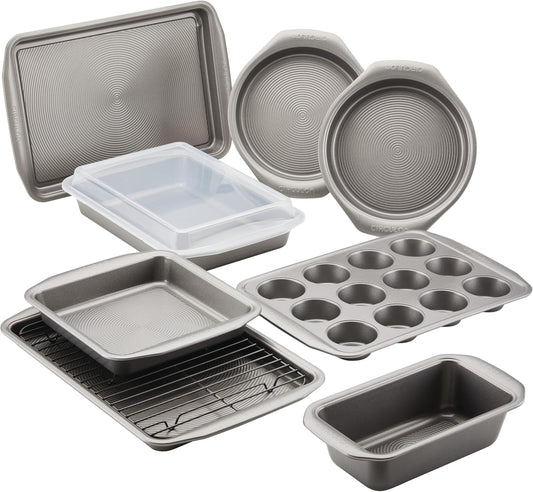 Circulon Nonstick Heavy Gauge Steel Bakeware Set with Rolled Pan Edges Loaf Pan, Cookie Pan, Baking Pans, Cake Pans, Muffin Pan and Cooling Rack (10-Piece, Gray)