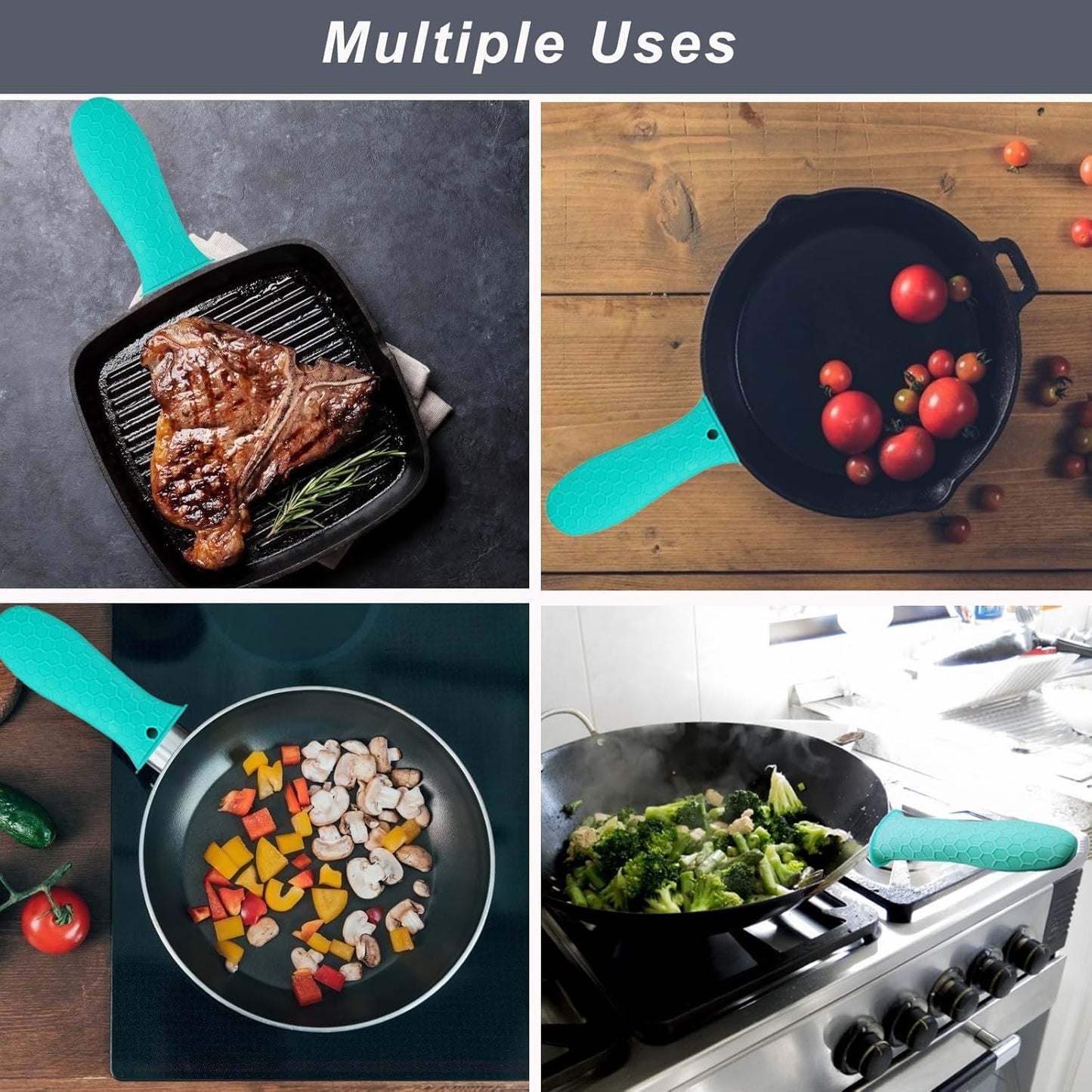 4 Pcs Silicone Hot Handle Holder, Non-Slip Potholder for Cast Iron Skillets & Frying Pans, Heat Resistant Sleeve Grip Cover, Metal Cookware Handle, Lake Blue