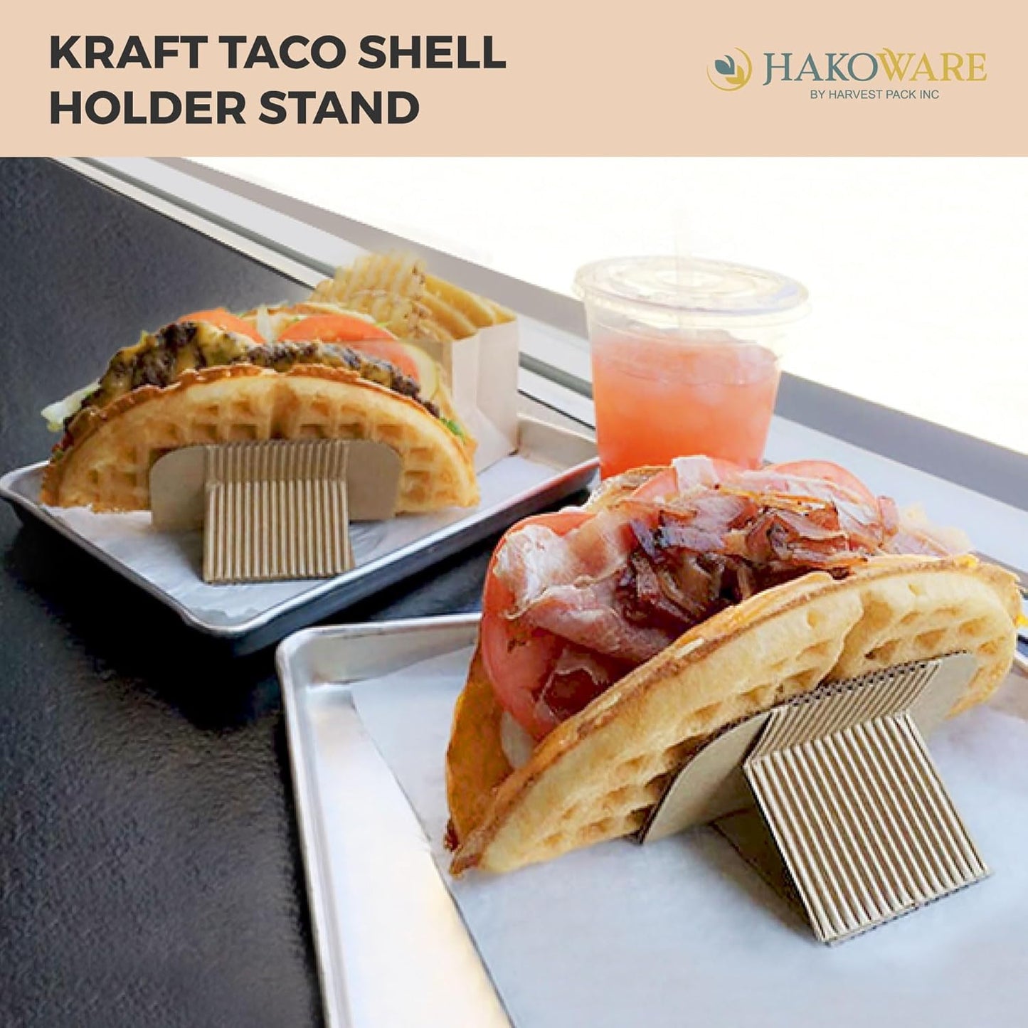 [200 COUNT]Harvest Pack Disposable Kraft Taco Holder Stand Tray, Taco Plates Serving Rack for Taco Shells Tortillas Hot Dogs Waffle Shawarmas Gyros Pita Bread Pocket Wraps, Taco Party Taco Tuesday