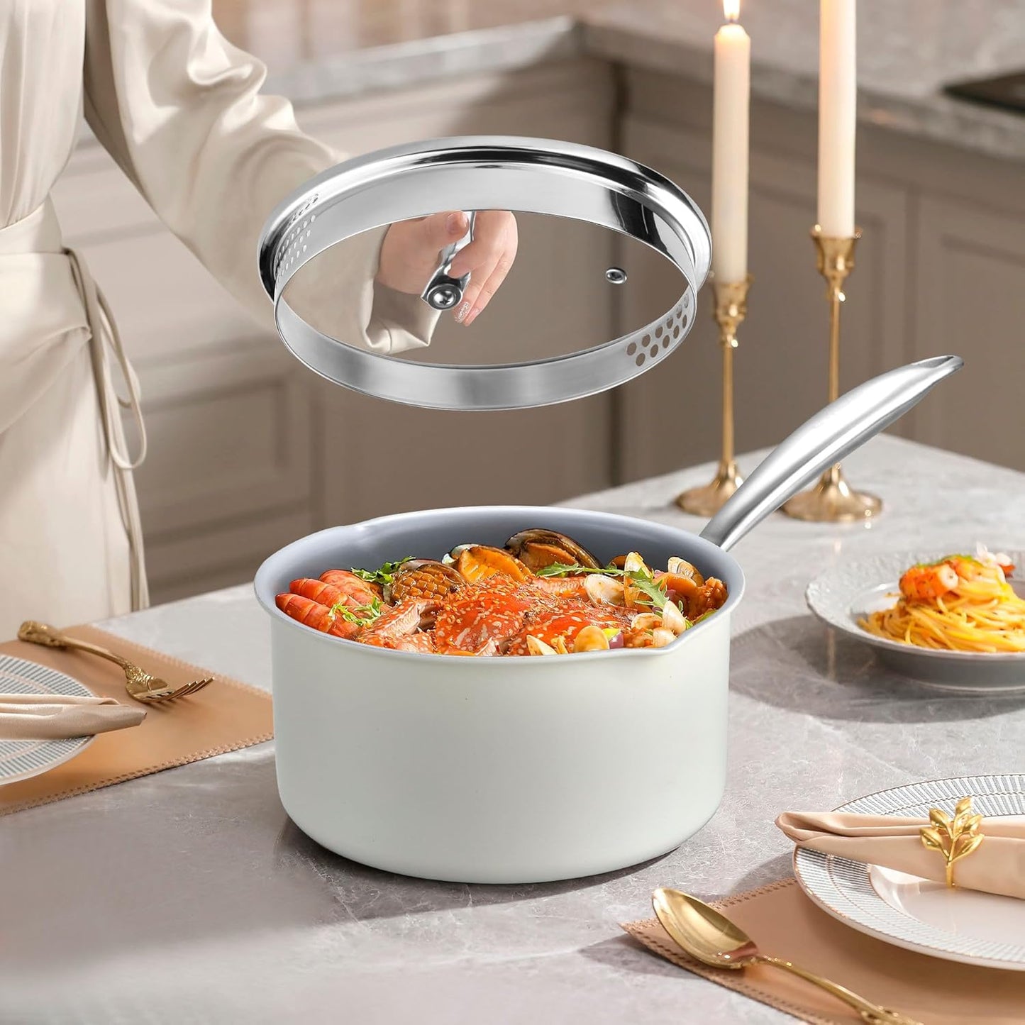 Tri-Ply Stainless Steel Sauce Pan with Steamer Basket & Strainer Glass Lid–Multi- Function Pot 2 QT- Modern Sleek Design–Safe,Chemical-Free & Stylish Cookware–Upgrade Your Kitchen with Healthy Cooking