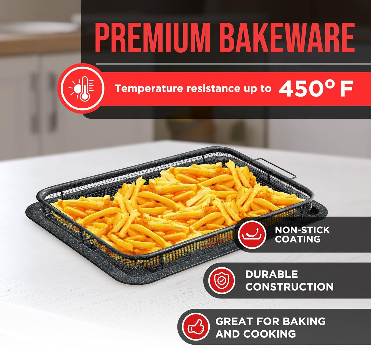 Crisper Tray Gray marble Coating - 2-Piece Set, Non-Stick Basket Design for Healthier Cooking in Regular Ovens - Make Great Crispy Food, Bacon and More, Extra Large Size 19" x 13"