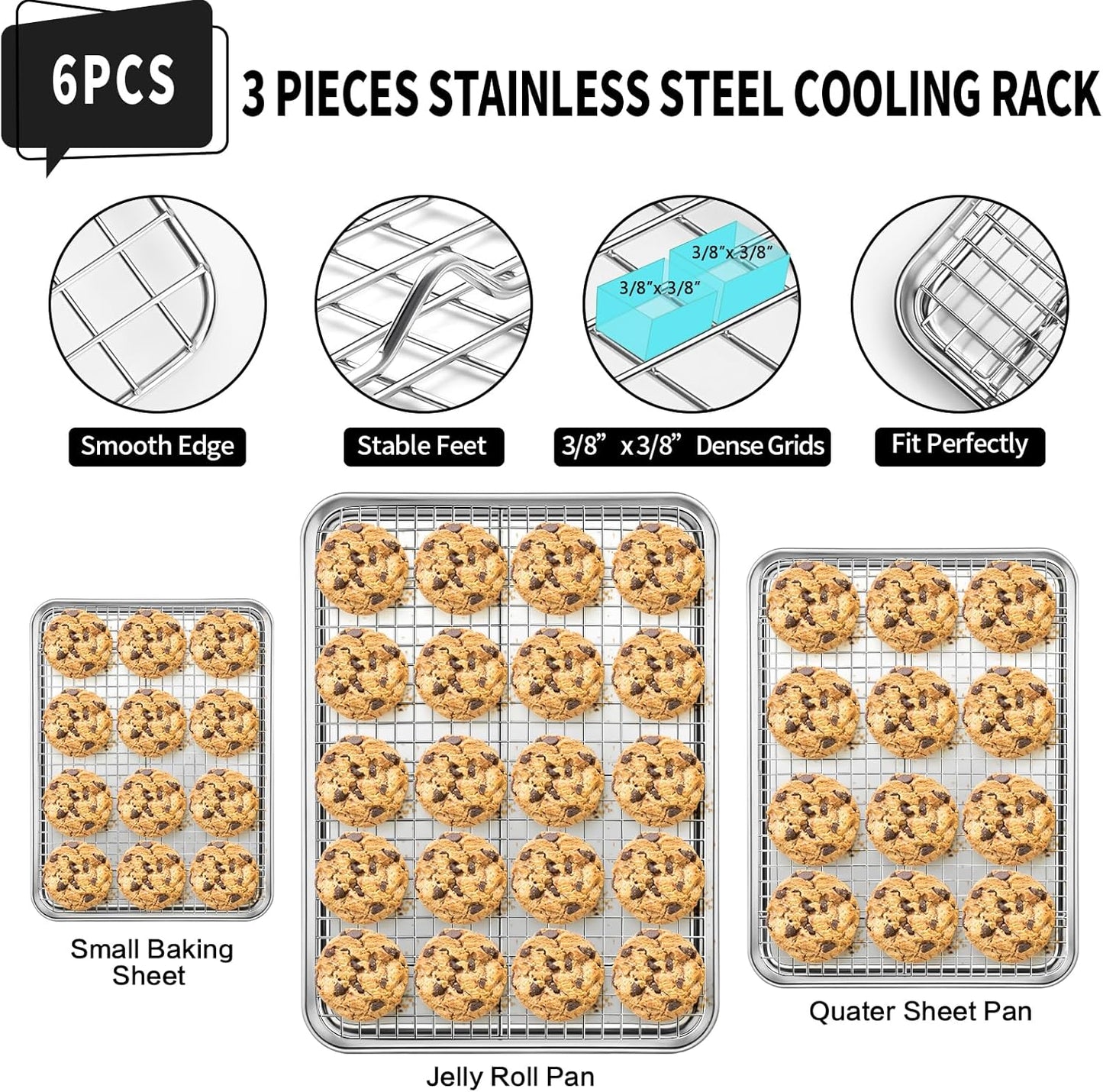 CEKEE Baking Sheet with Wire Rack Set of 6 (3 Cookie Sheets for baking + 3 Cooking Racks), Stainless Steel Stainless Steel Baking Pans Set with Cooling Rack - Heavy Duty & Dishwasher Safe