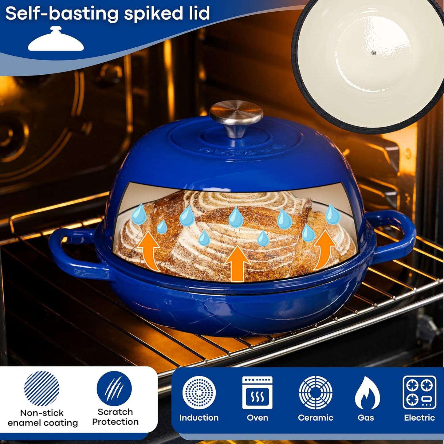 Enamelled Cast Iron Dutch Oven Pot – Dutch Oven For Sourdough Bread Baking – Cast Iron Bread Pot – Dark Blue, 6 Quarts, 22cm – by Nuovva