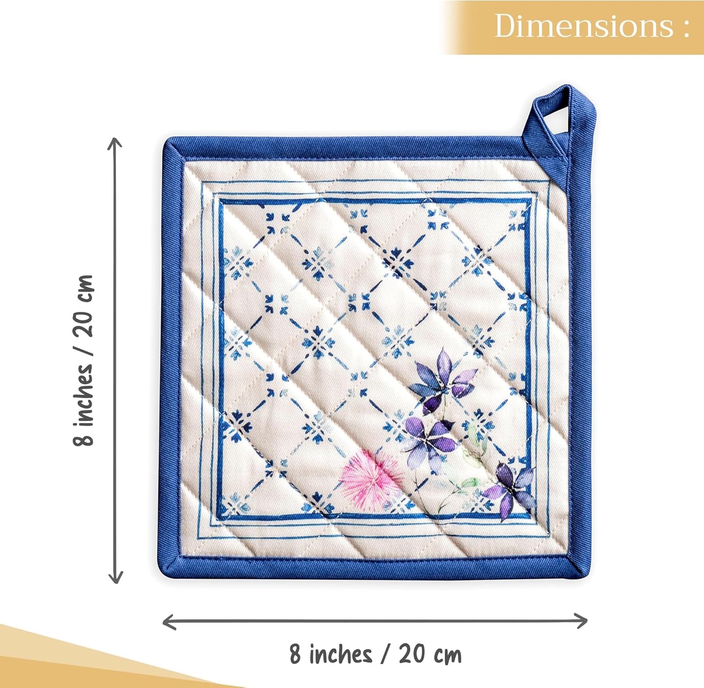 Maison d' Hermine Pot Holders Set 100% Cotton Heat Resistant Potholders 8" x 8" Hot Pads with Loop BBQ, Cooking, Baking, Grilling, Kitchen, Handling Hot Pans Spring/Summer (Pack of 2, Faience)